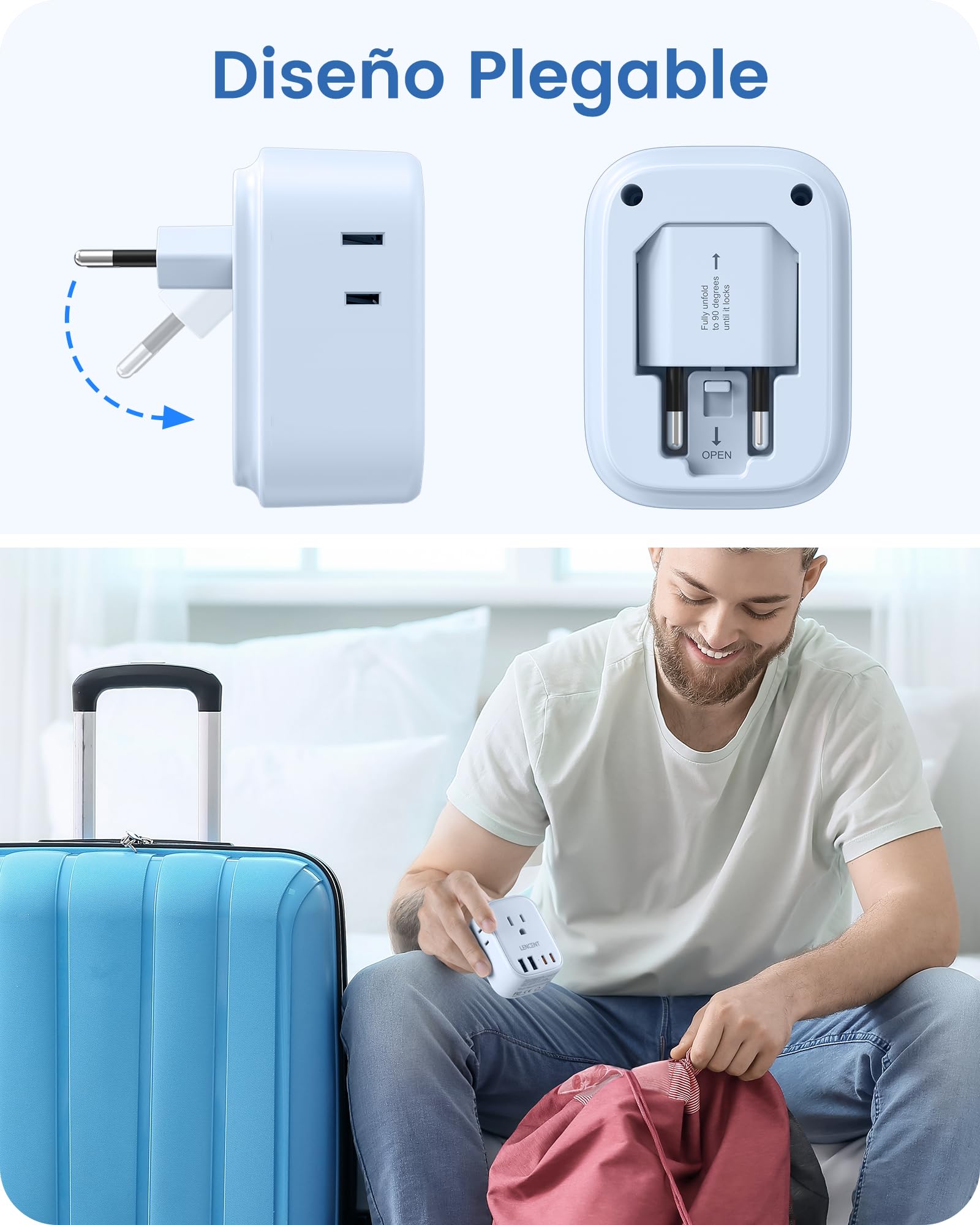LENCENT Adaptador Europeo Plegable, Adaptador de Corriente con 4 Salidas y 4 Puertos USB (2USB C), Cargador Americano a Europeo para Alemania, España, Italia, Francia, Apto para Cruceros, Azul