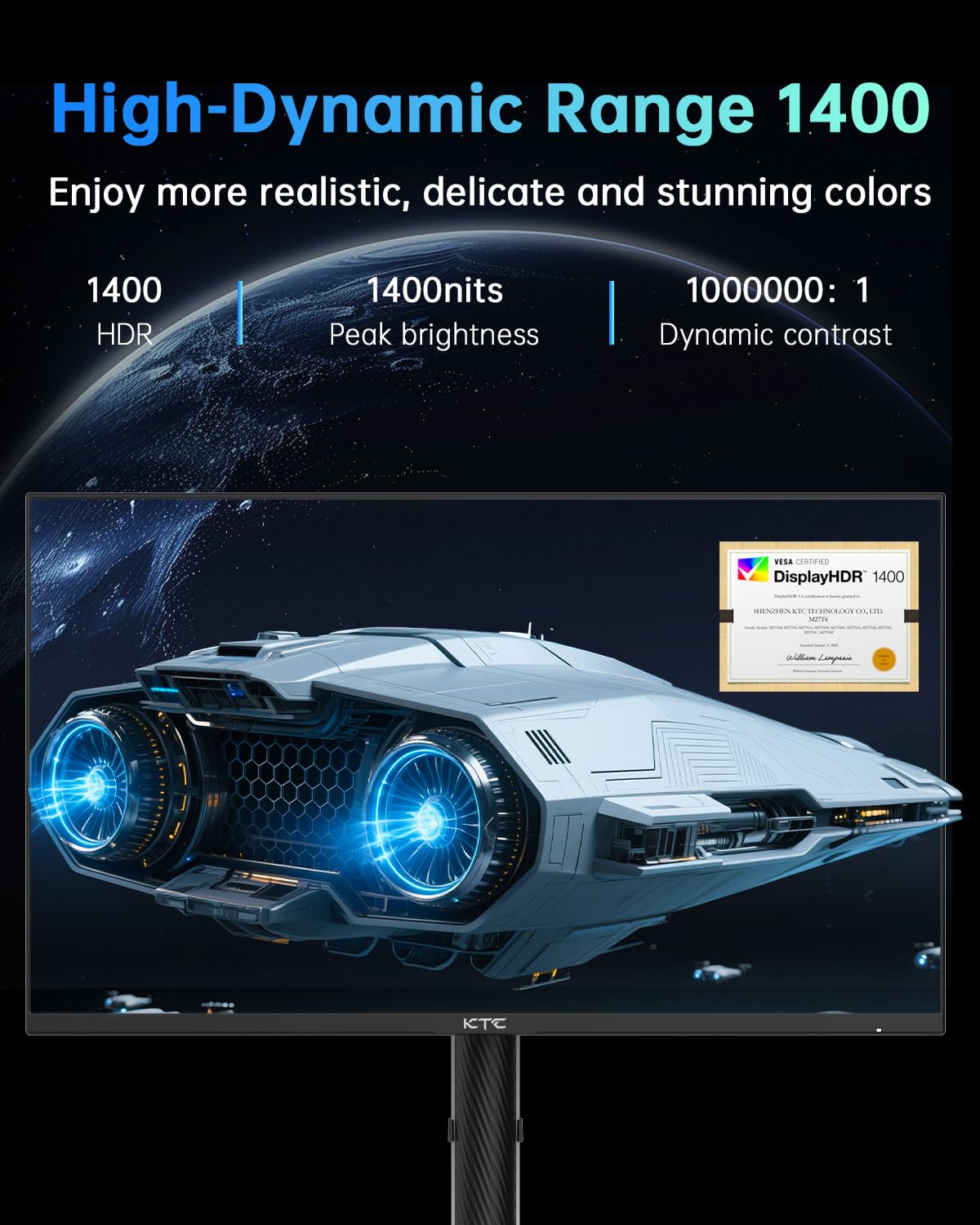 KTC Mini monitor LED para juegos de 27 pulgadas, monitor 1440P 2K, HDR1400, 180Hz, sincronización adaptativa, 148% sRGB, HDMI 2.0 x 2, DisplayPort 1.4 x 1, monitores gamer con ángulos de altura