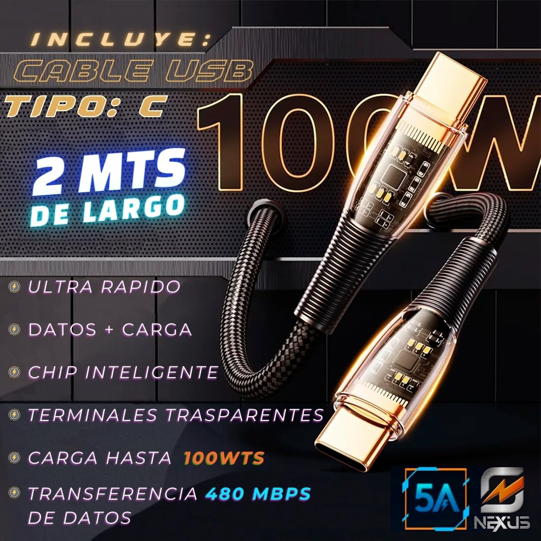 Cargador Celular Inteligente GaN Carga Rápida USB C 35W NEXUS Cable USB C 2m incluido Compatible con todas las marcas iPhone 12 al 15 Samsung S22 S23 S24 Xiaomi o Audífonos Tablets Drones Cámaras ipad