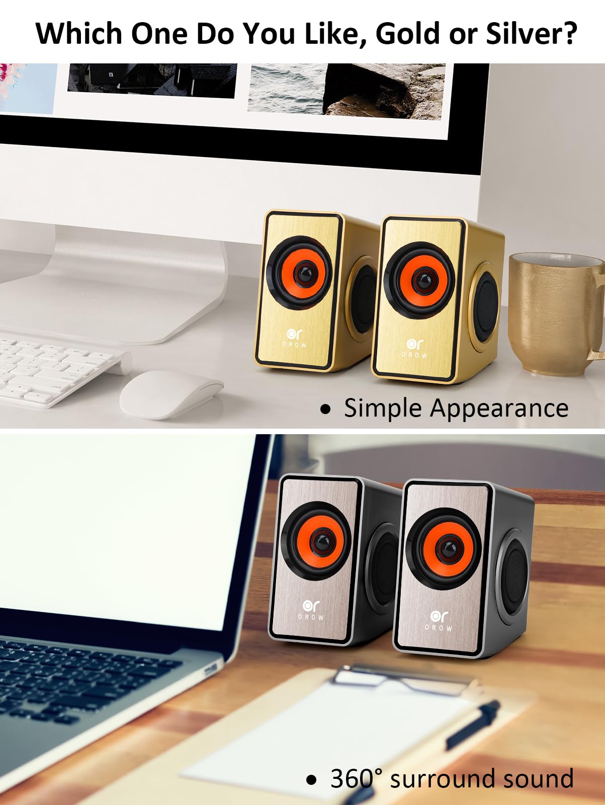 OROW - Altavoces para computadora, mini altavoz de computadora de 12 W con control de volumen, altavoz AUX de 3,5 mm, altavoces USB alimentados para portátiles, ideales para PC/Monitor/Mac/iMac
