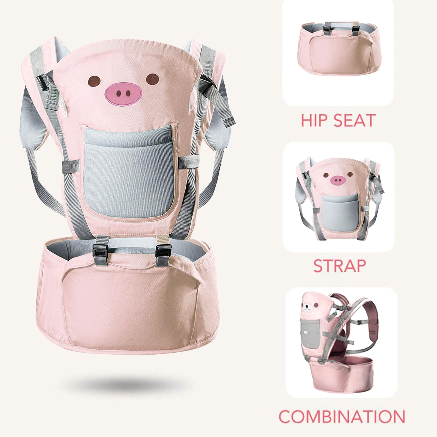FINYQBET Cangurera Portabebé Mochila Multifuncional Con Asiento Bebé rosa，10 en 1 Portabebés Transpirable para Niños de 0 a 40 Meses, 25 kg Máx, con Bolsillos y Capucha