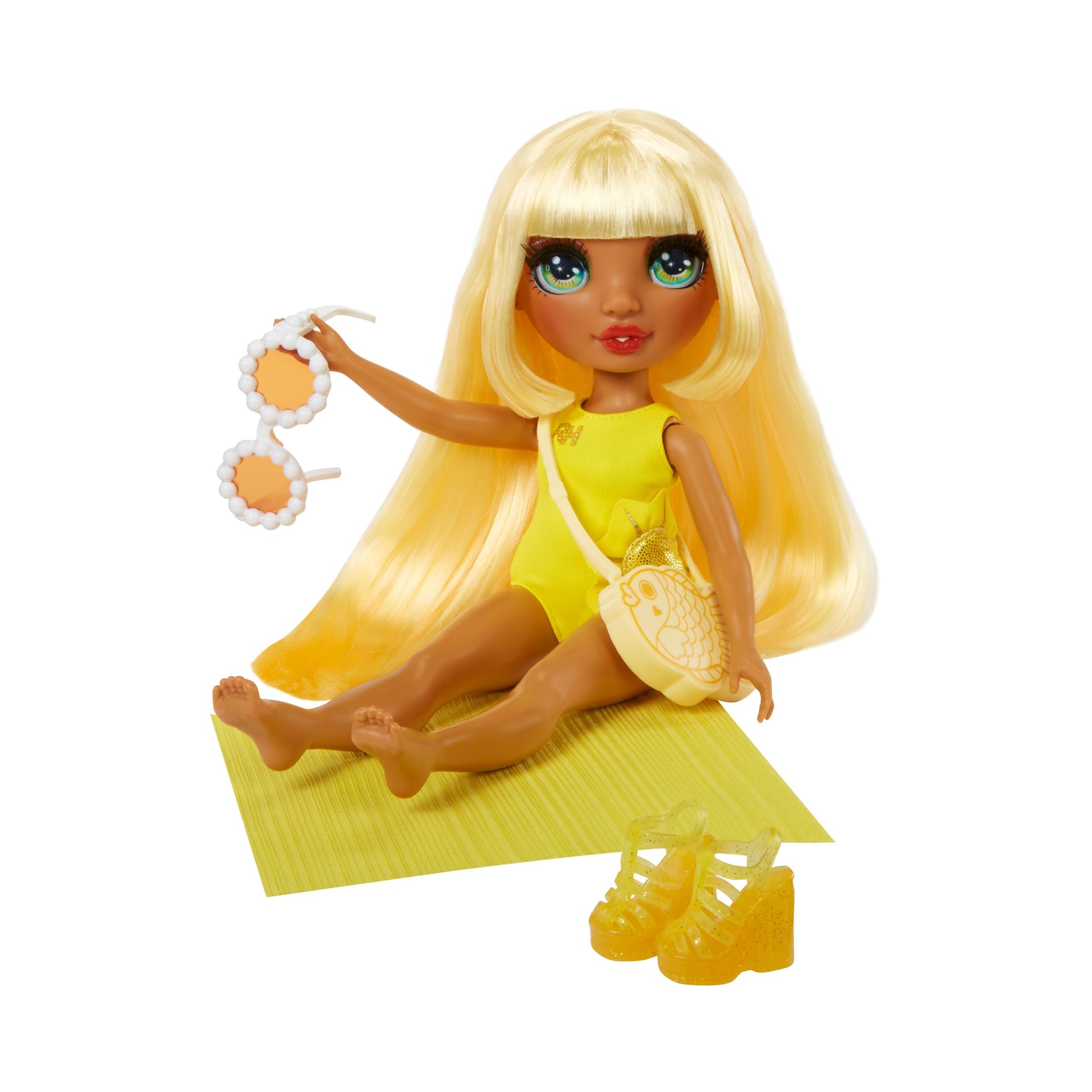 Muñeca Rainbow High Sunny Amarillo con Pareo y Traje de Baño Removible para Niños y Niñas