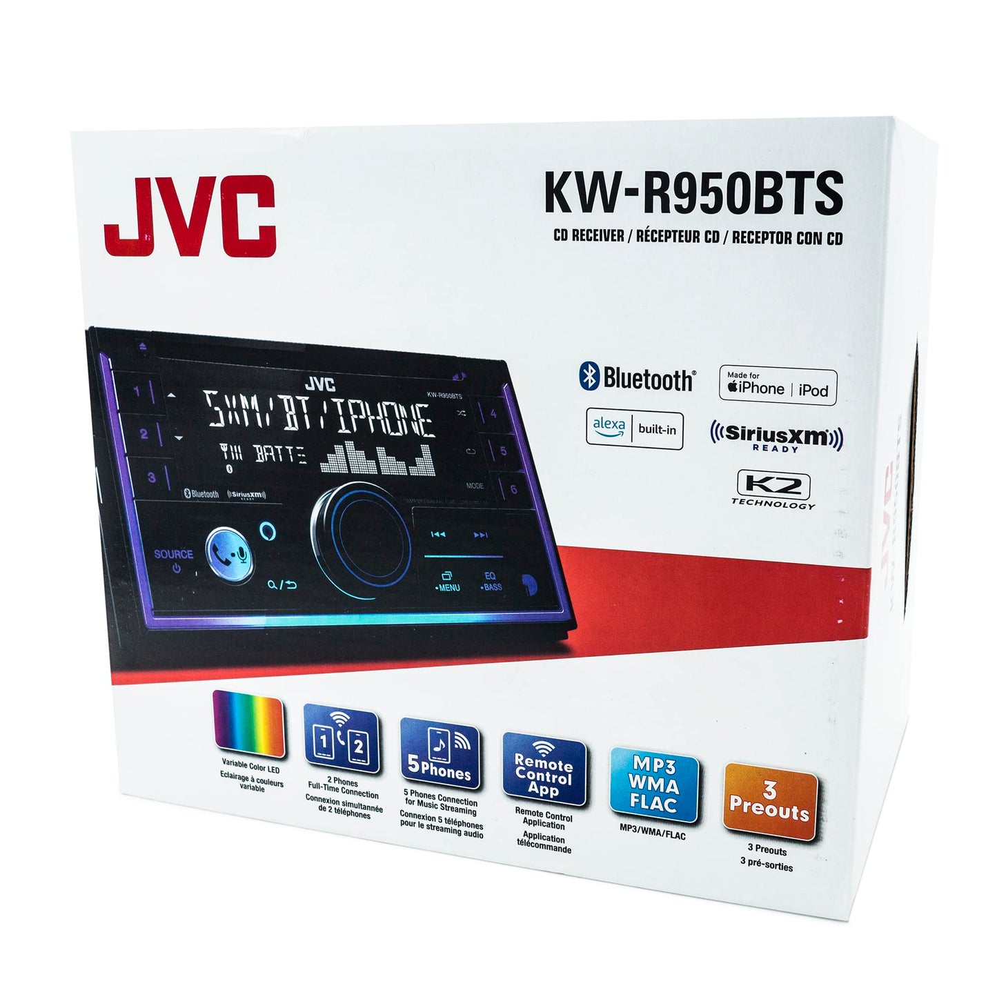 JVC KW-R950BTS Receptor estéreo Bluetooth para coche con puerto USB - visualización LCD - Radio AM/FM - Reproductor MP3 - Doble DIN - EQ de 13 bandas (negro)