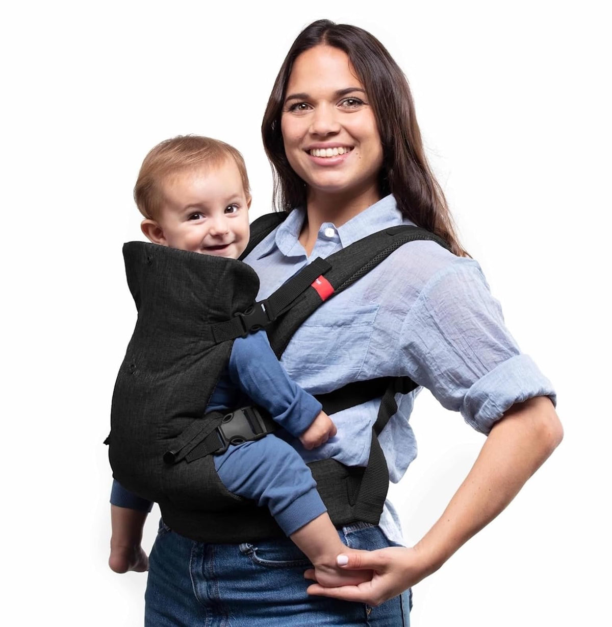 YOU+ME Portabebés 4 en 1 para recién nacidos y niños pequeños – Portabebés para todas las posiciones, portabebés de transporte delantero y trasero, incluye babero bandana 2 en 1 – Portabebés para 4-14 kg (malla negra)