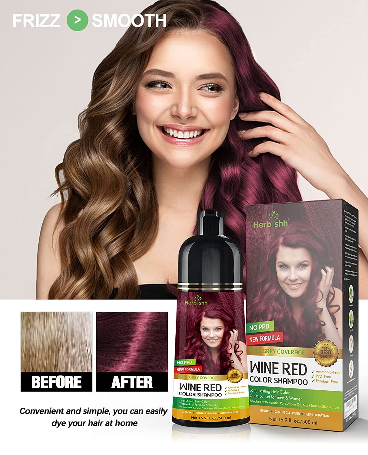 Herbishh - Champú colorante para cabello gris, champú con tinte natural para el cabello, colorea el cabello en minutos, dura hasta de 3 a 4 semanas, 500 ml, tinte de cabello 3 en 1, sin amoniaco | (rojo vino)