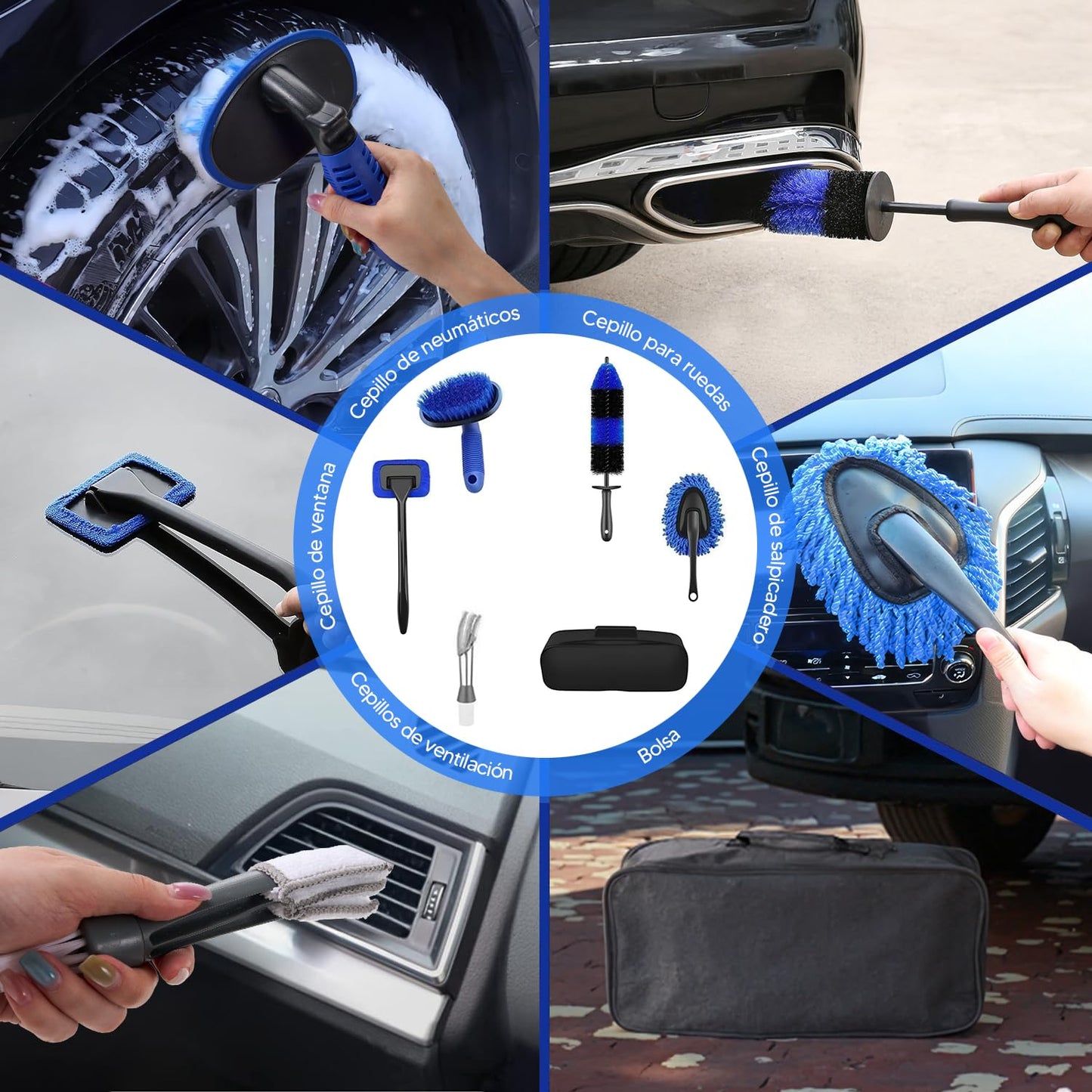 Juego de Cepillos para Limpieza de Coches Profesional con Bolsa de Almacenamiento, para Interior, Exterior y Ruedas