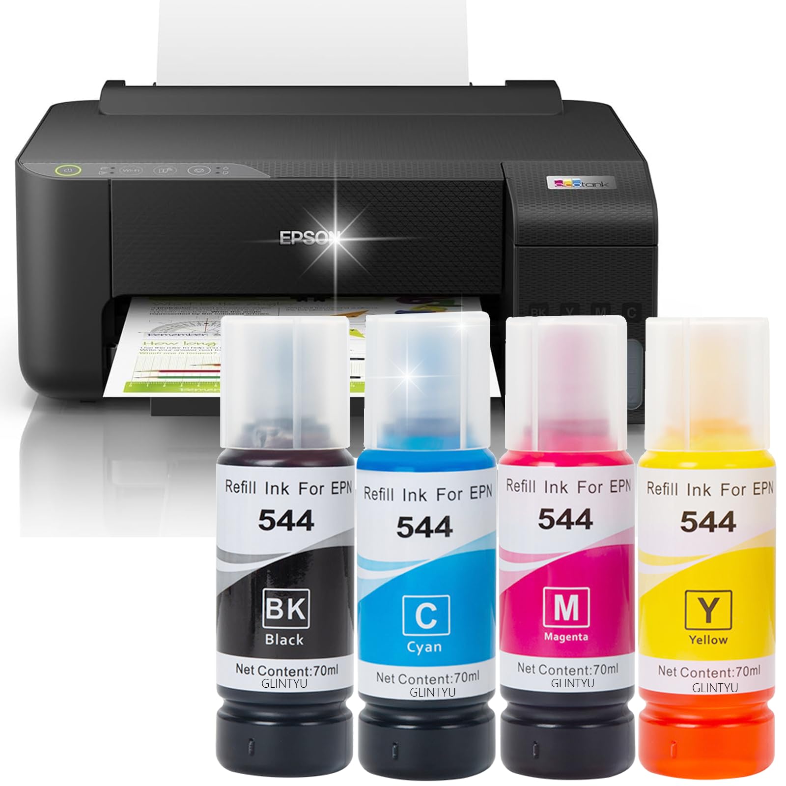 GLINTYU 4 Pack Botella Repuesto Tinta 544, Compatible con Tinta Epson 544, Negro, Azul, Rojo, Amarillo, Compatible para T544, L1110, L3110, L3150（ 70 ml Cada una）