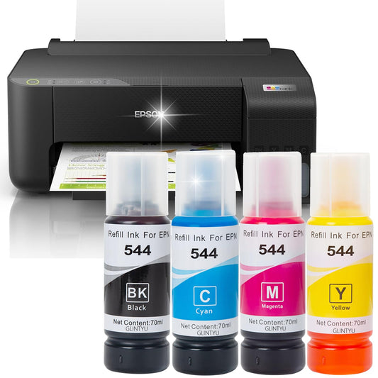 GLINTYU 4 Pack Botella Repuesto Tinta 544, Compatible con Tinta Epson 544, Negro, Azul, Rojo, Amarillo, Compatible para T544, L1110, L3110, L3150（ 70 ml Cada una）