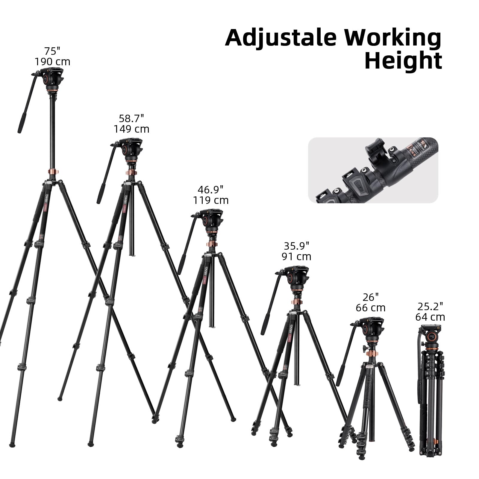 Cayer Trípodes de Cámara, Trípode de Video de Fibra de Carbono de 196 cm con Cabeza de Fluido, Trípode DSLR de Convertible a Monopié para Cámara DSLR, Capacidad de Carga de 6 kg - CF2451H6