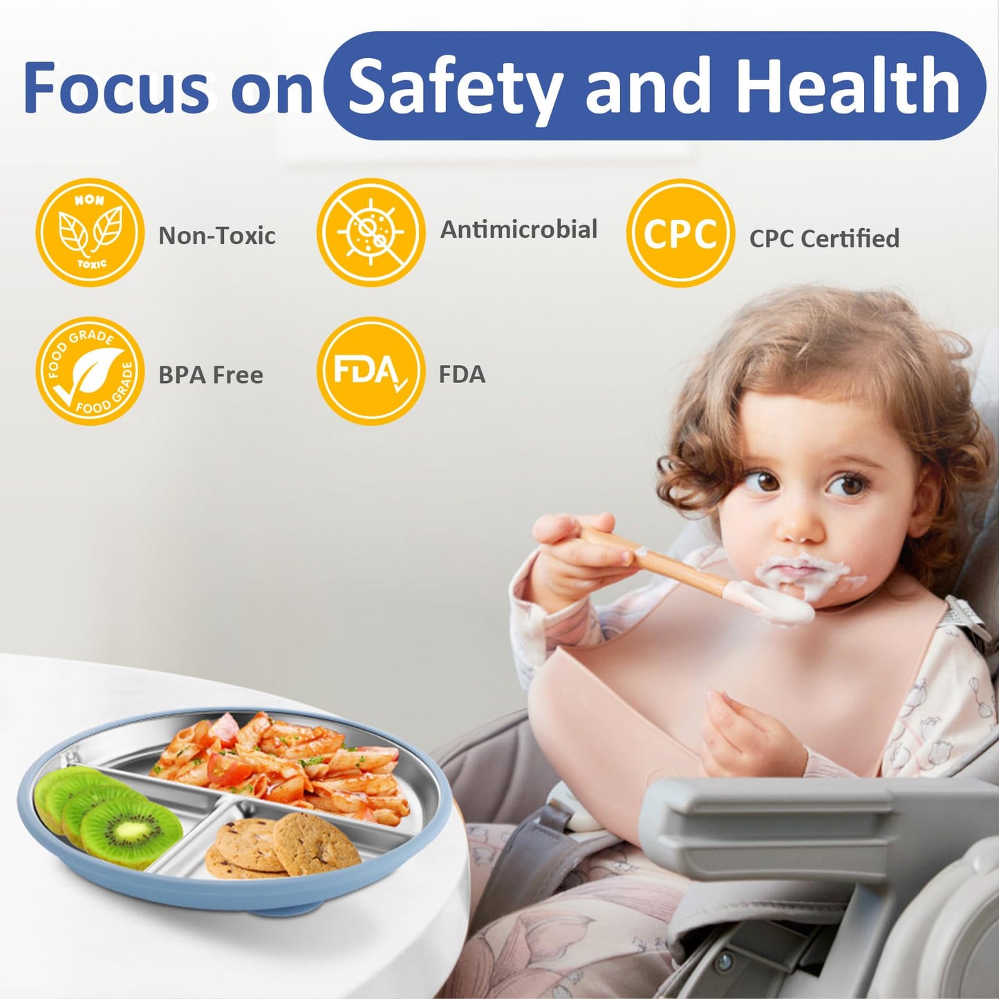 Bakpoco - Plato de acero inoxidable para niños pequeños con succión, platos divididos de 9 pulgadas con mangas de silicona extraíbles para niños, no tóxico y última intervensión de BPA,