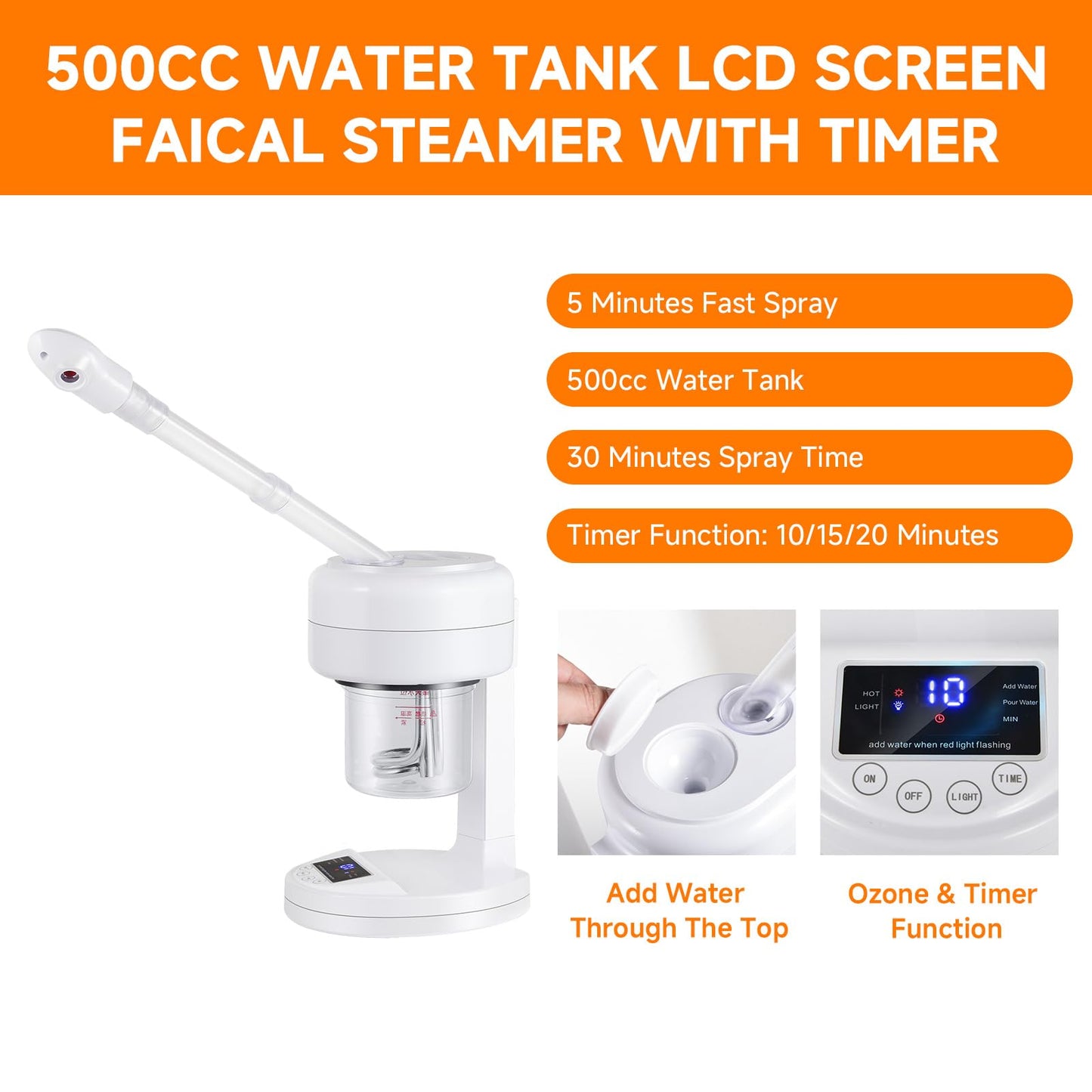 AceFox Vaporizador Facial Portátil Nano Iónico con Brazo Extensible y Boquilla Giratoria de 360° para Esteticistas en Blanco