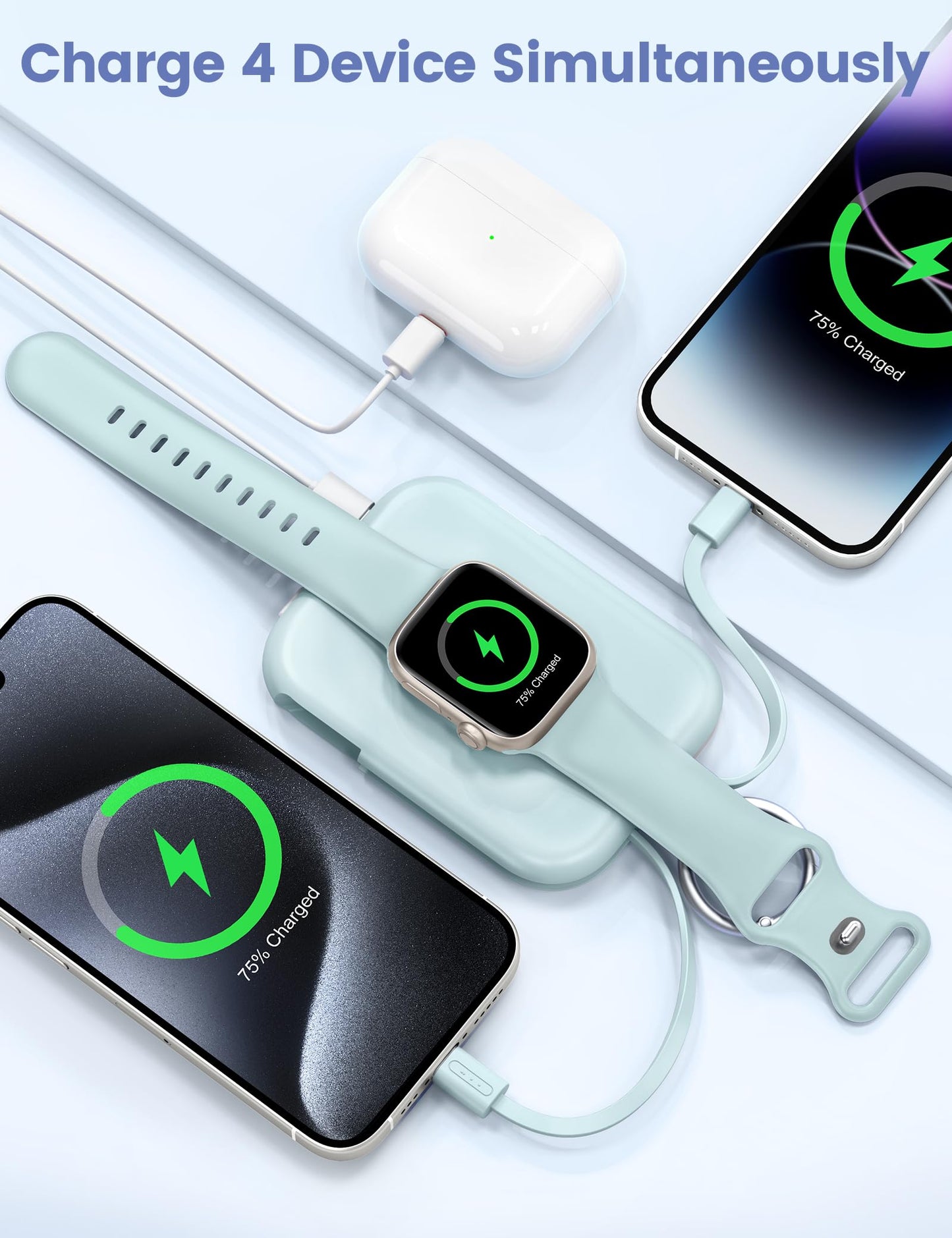 Power Bank RORRY Azul 5000mAh con Cables Integrados para Celular y Apple Watch