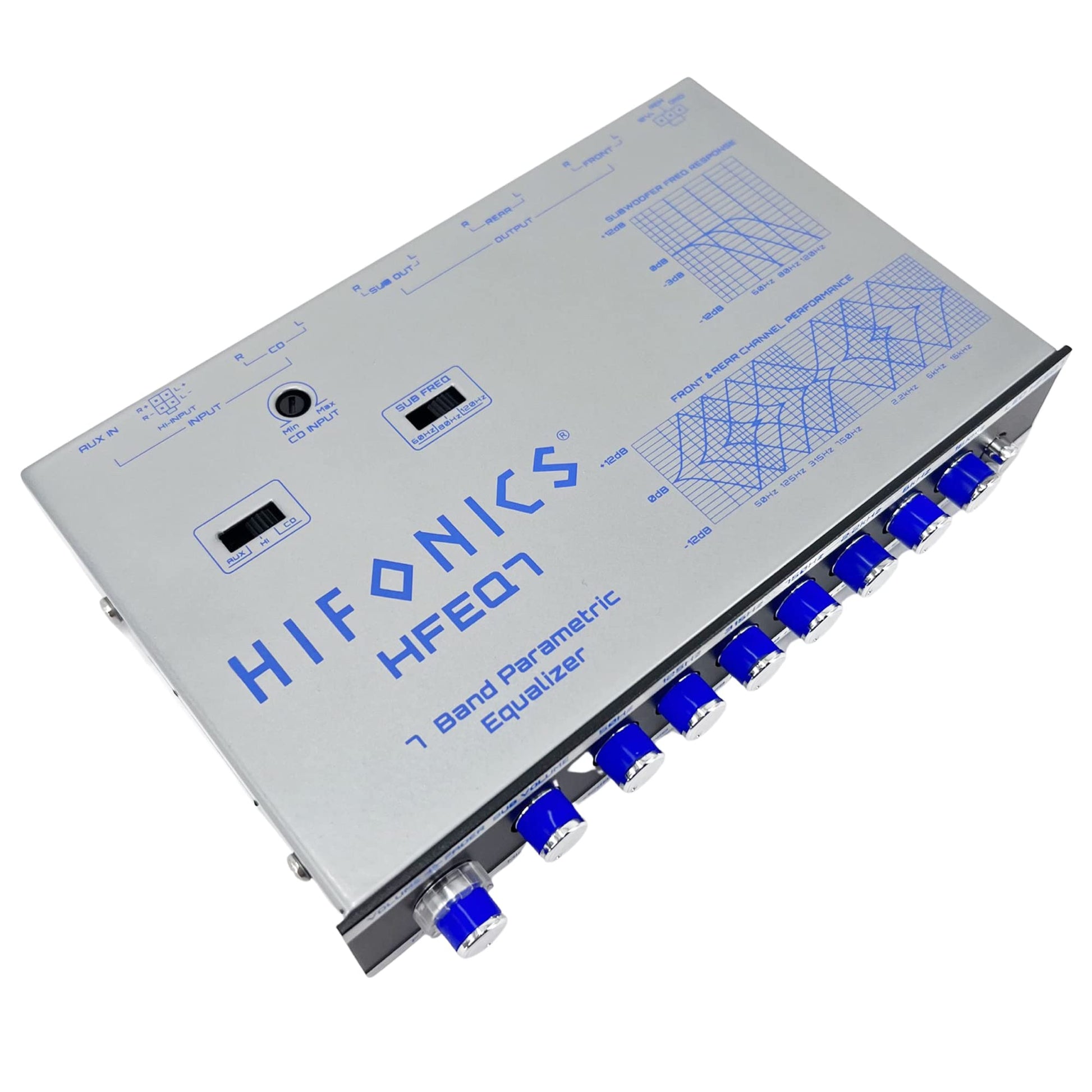 Hifonics HFEQ7 - Ecualizador gráfico de Audio de Coche de 7 Bandas 9 voltios 1/2 DIN con Entrada Auxiliar Frontal de 3,5 mm, Entrada Auxiliar RCA Trasera y entradas de Altavoz de Alto Nivel
