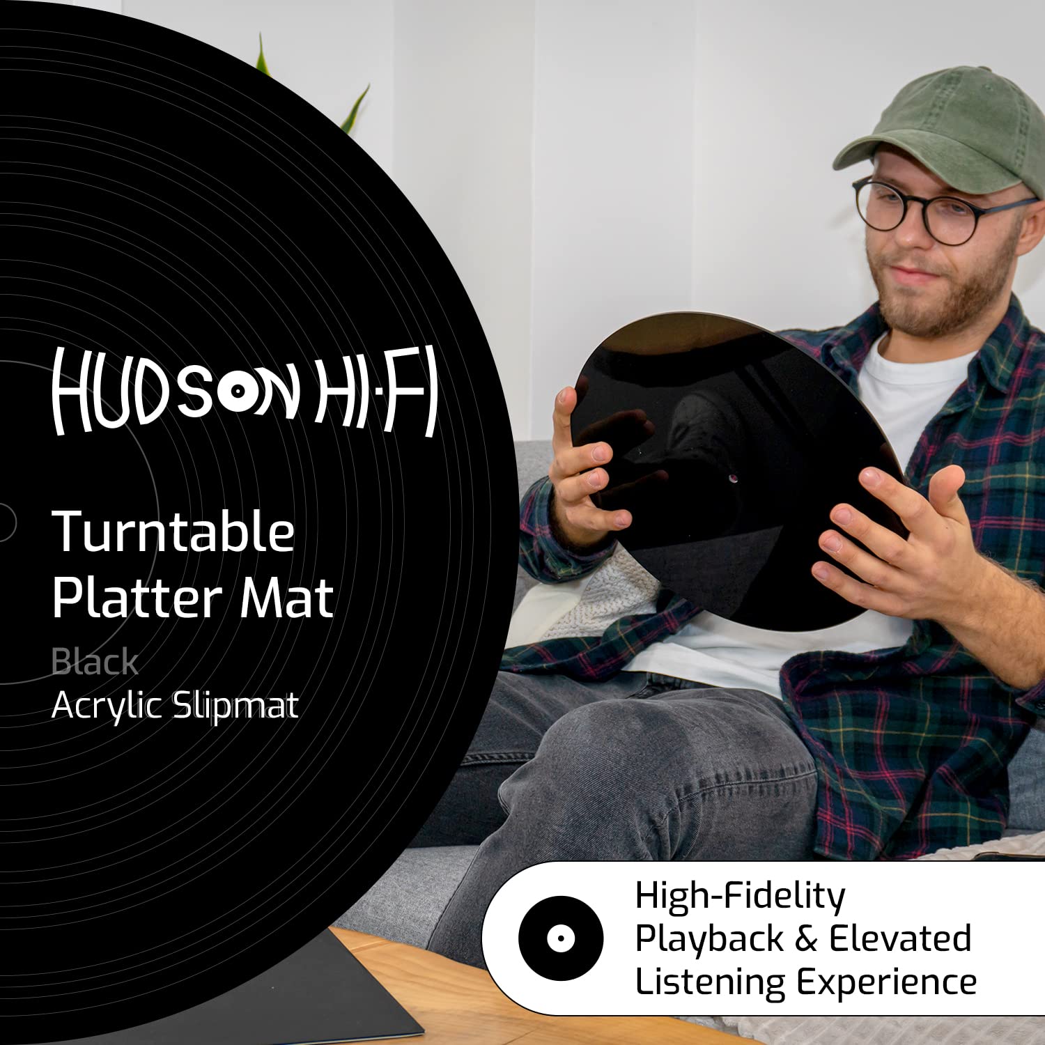Hudson Hi-Fi Estera giratoria de acrílico - LP Slipmat para tornamesas y Tocadiscos de Vinilo - Negro Mate
