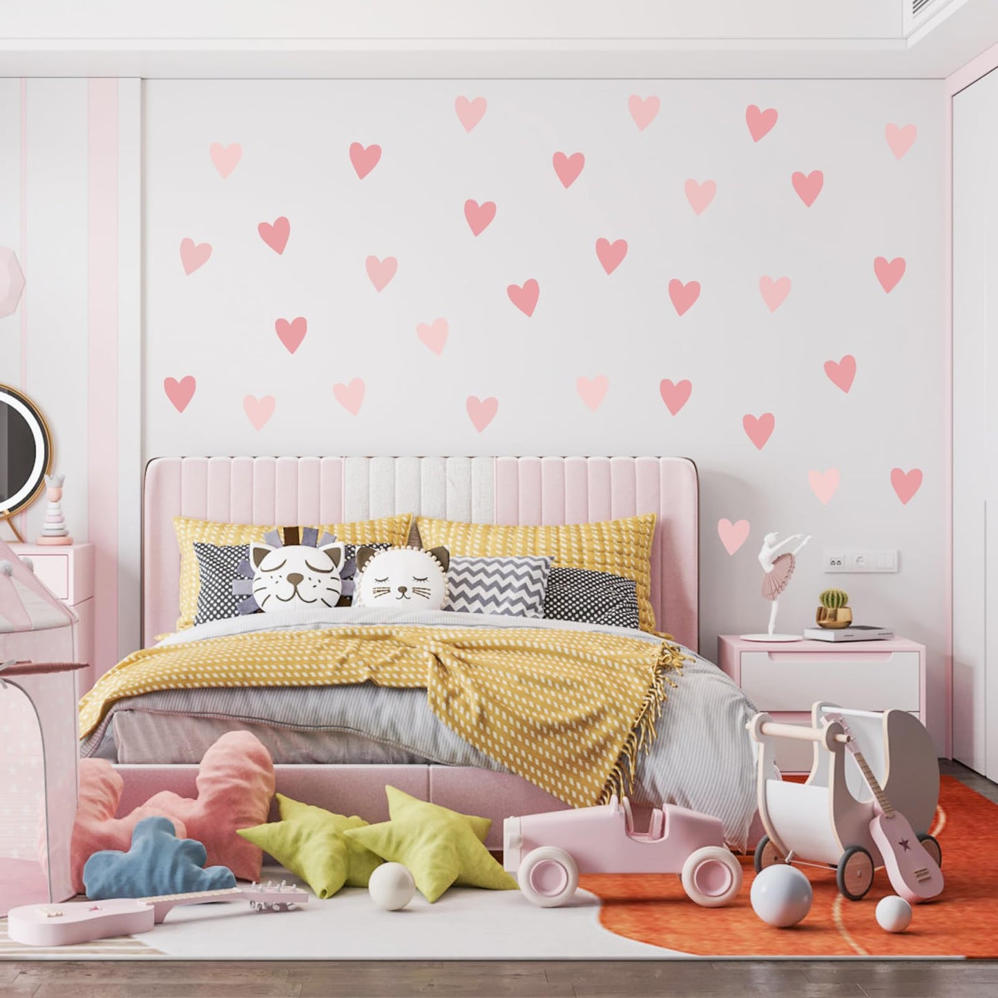 Pegatinas de pared de corazón rosa, calcomanías de pared para habitación de niños, diseño de corazón amor, lindo cuarto de bebé, decoración extraíble estilo rosa (corazón rosa)
