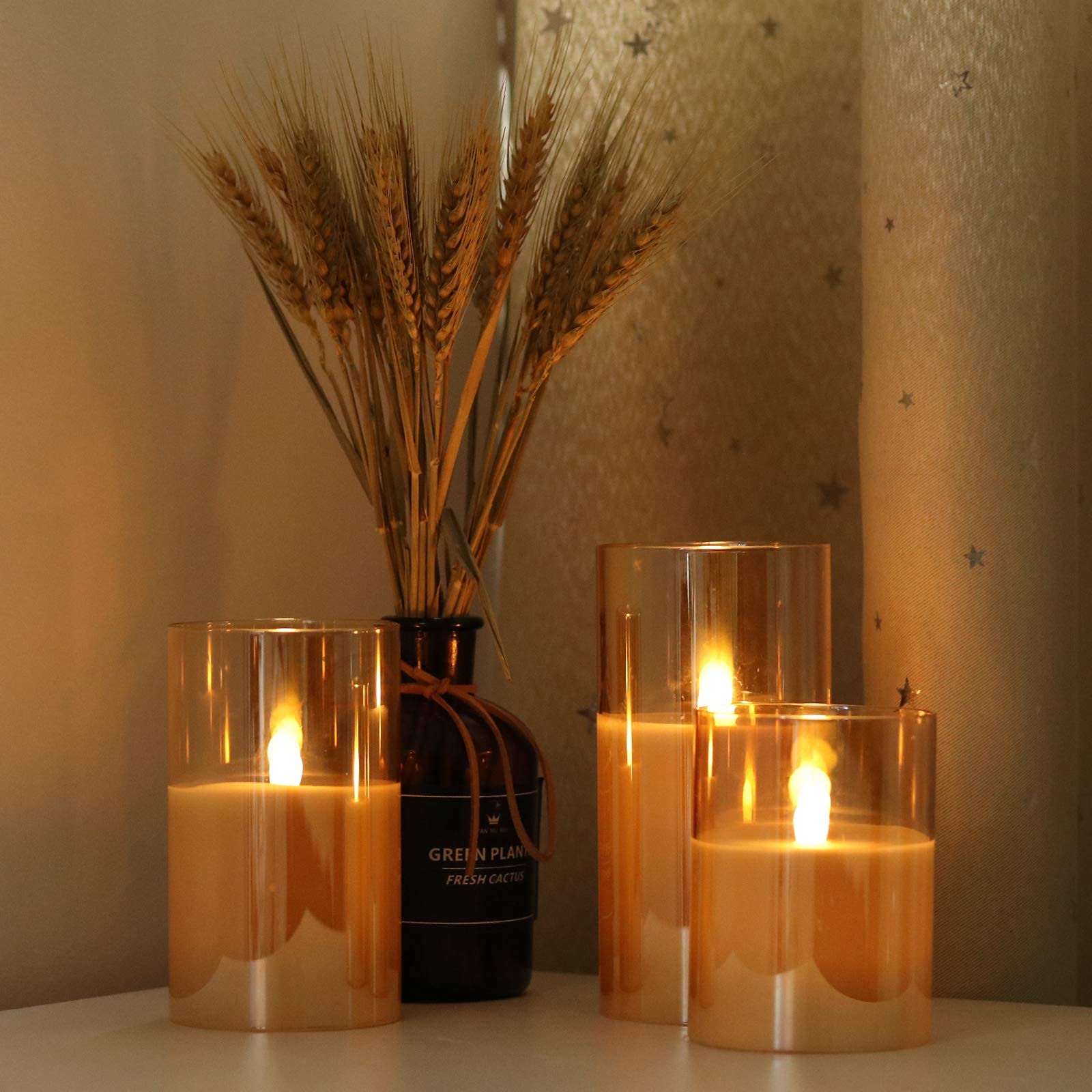 GenSwin - Velas led sin llama de vidrio dorado con control remoto de 10 teclas y temporizador, velas de cera real, luz blanca cálida parpadeante para decoración del hogar (juego de 3)