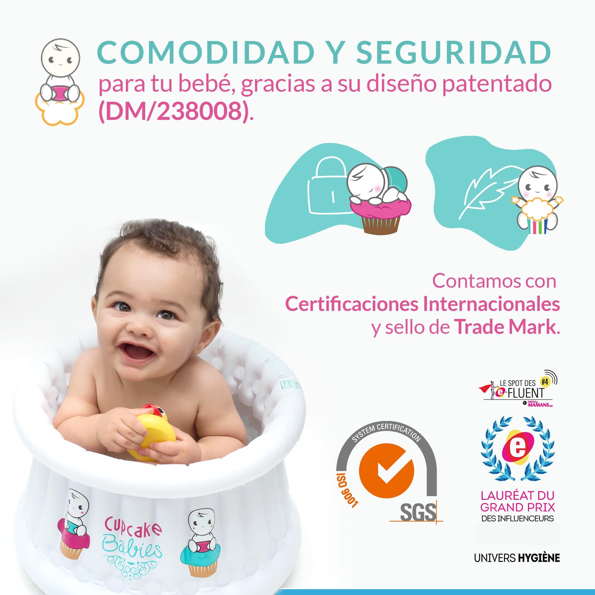 Bañera para Bebe Inflable Turquesa | Navidad | Ideal Regalos Navideños para Recién Nacidos hasta 12 Meses | Incluye Bolso de Viaje, Pato de Juguete y Compresor de Aire | Alberca para Bebe | CUPCAKE BABIES