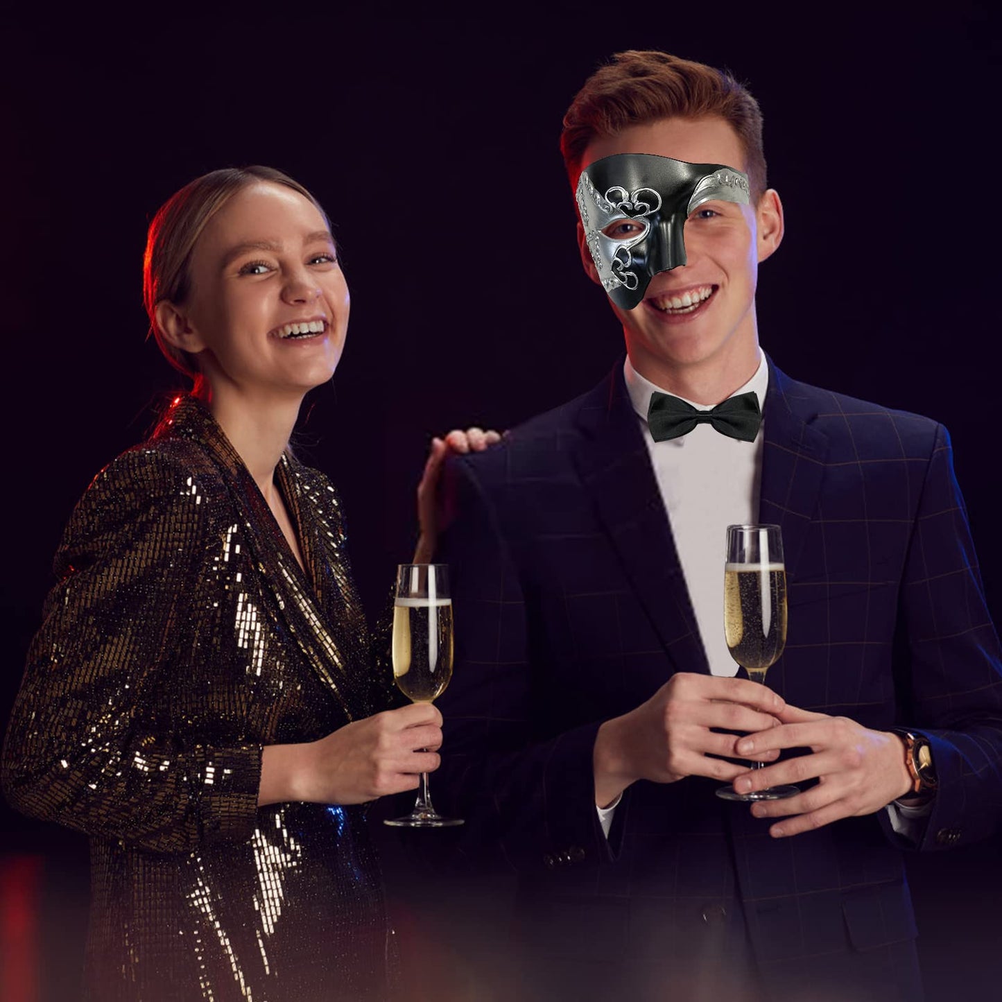 HyperFun Máscara de máscaras para hombre, fantasma de la ópera, máscara de media cara con corbatín, máscaras venecianas clásico para fiestas de disfraces/temáticas (oreja negra)