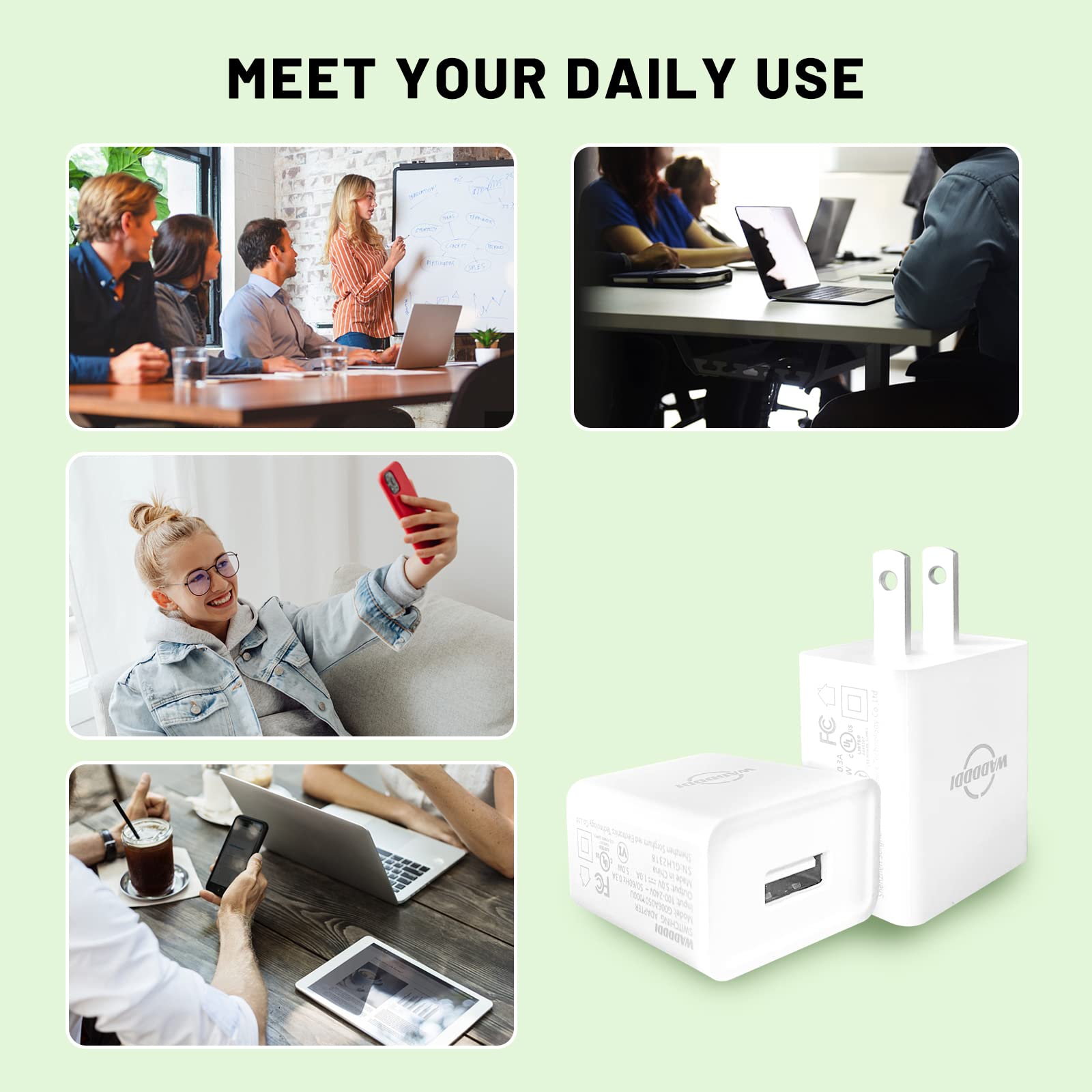 Cargador USB A WADDDDI Negro 1 A 5 V Portátil Certificado UL Paquete de 2 Enchufe de Pared