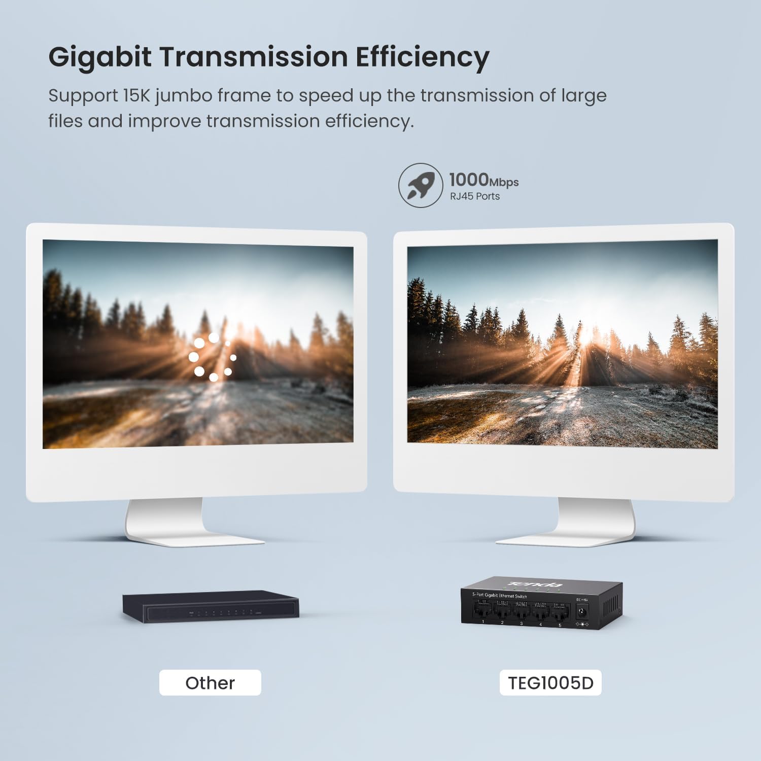 Tenda TEG1005D Conmutador Gigabit de 5 Puertos, Conmutador Ethernet no gestionado, Divisor de Red con optimización de tráfico, Plug & Play, Conmutador de Red de diseño metálico sin Ventilador