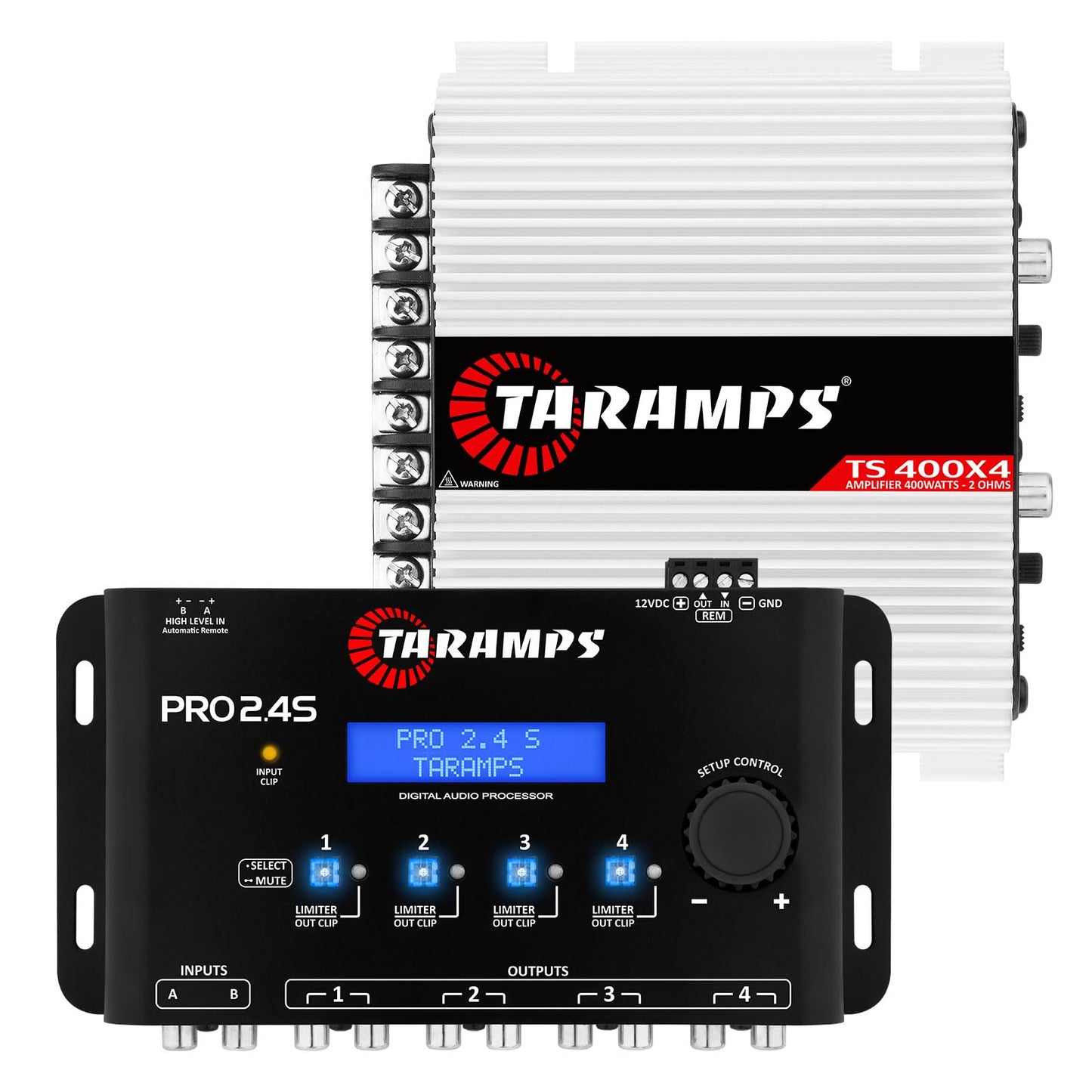 Amplificador de Audio Multicanal Taramps TS 400 x 4 2 Ohmios Clase D 400 W RMS 4 Canales para Coche + Procesador de Señal Digital Taramps Pro 2.4s DSP y Ecualizador Paquete de 2