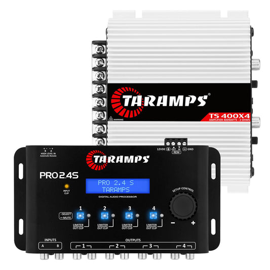 Amplificador de Audio Multicanal Taramps TS 400 x 4 2 Ohmios Clase D 400 W RMS 4 Canales para Coche + Procesador de Señal Digital Taramps Pro 2.4s DSP y Ecualizador Paquete de 2
