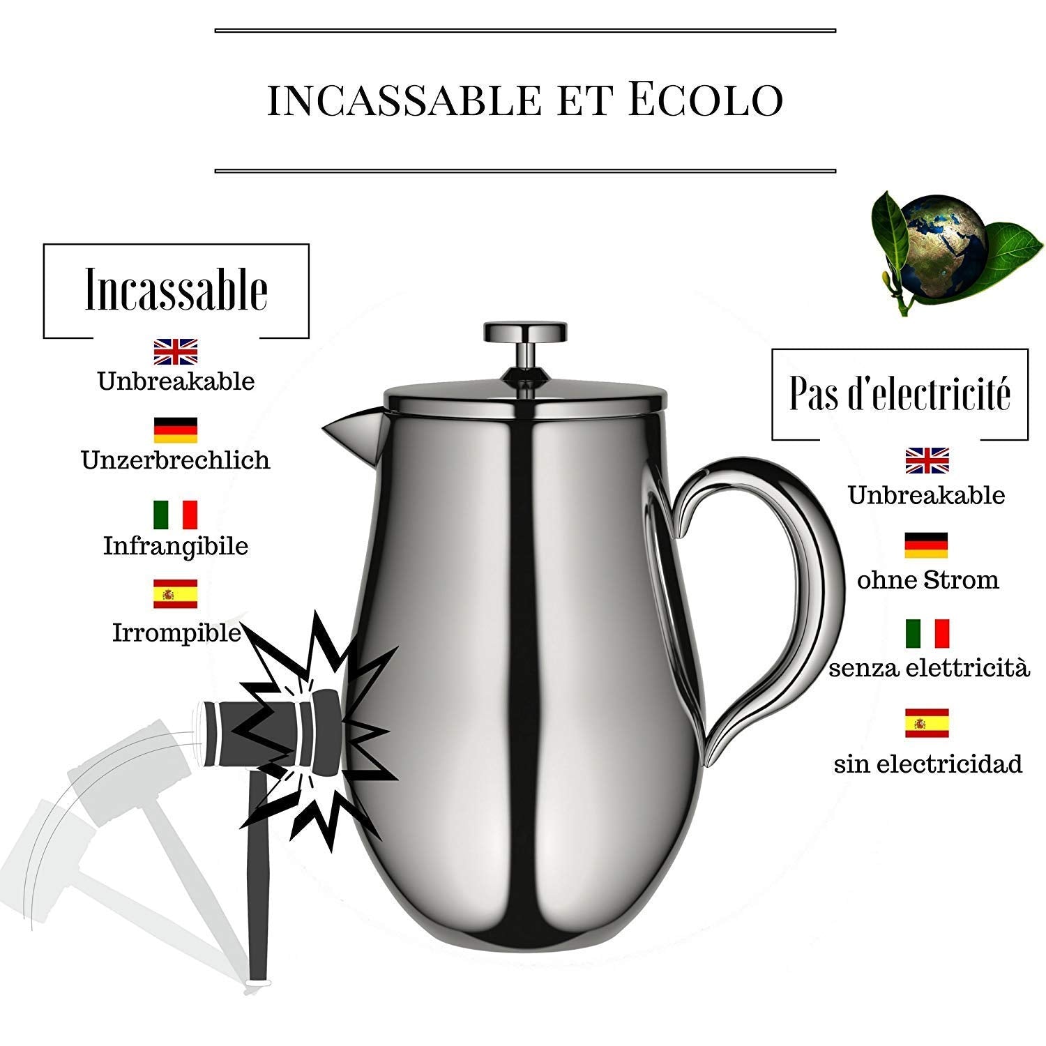 Cafetera de Pistón VeoHome Acero Inoxidable Irrompible 1 Litro