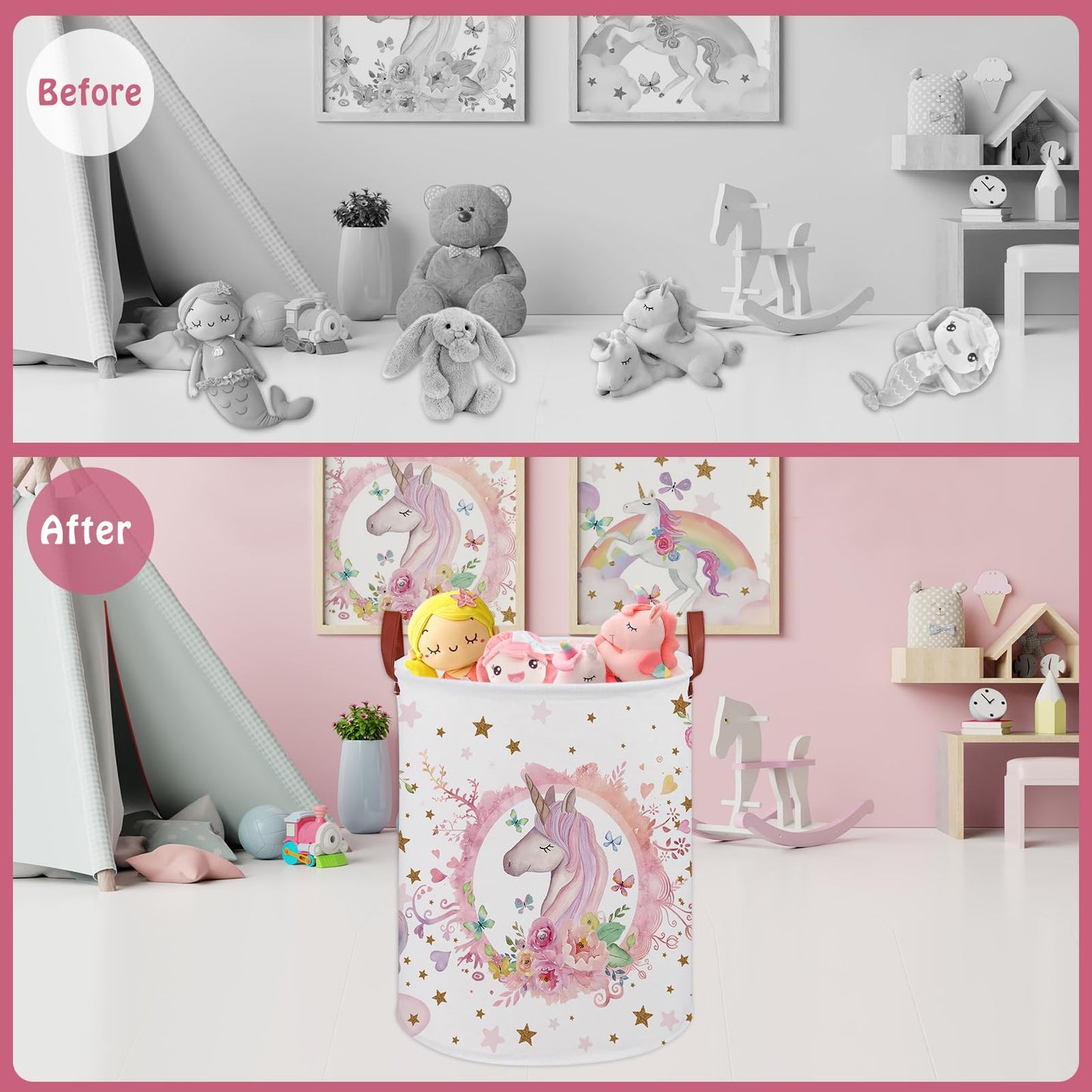 Cesta redonda para lavandería (unicornio rosa)