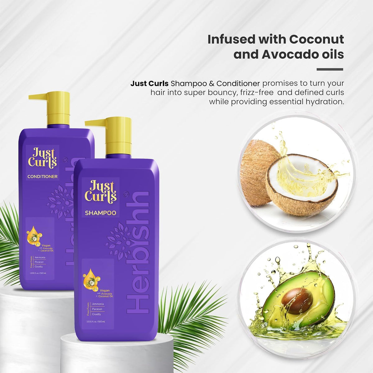 Set Shampoo y Acondicionador Herbishh Just Curls con Aceite de Coco y Aguacate – Fórmula Vegana sin Sulfatos | Nutrición, Hidratación y Definición para Cabello Rizado y Ondulado