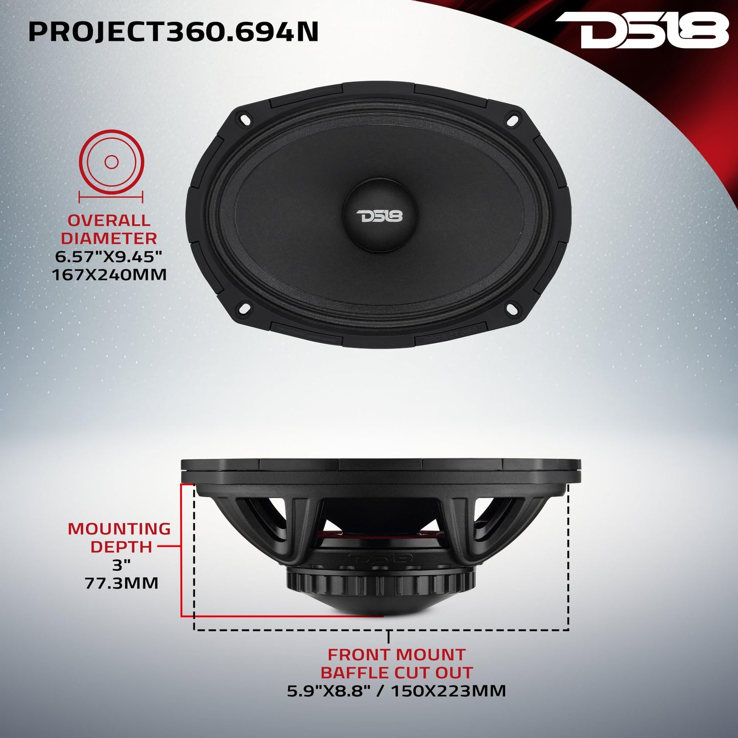 DS18 PROJECT360 Altavoz de alta sensibilidad de 6 x 9 pulgadas con imán de neodimio – 350 W RMS 4 ohmios – Diseño de recono giratorio para una reparación rápida
