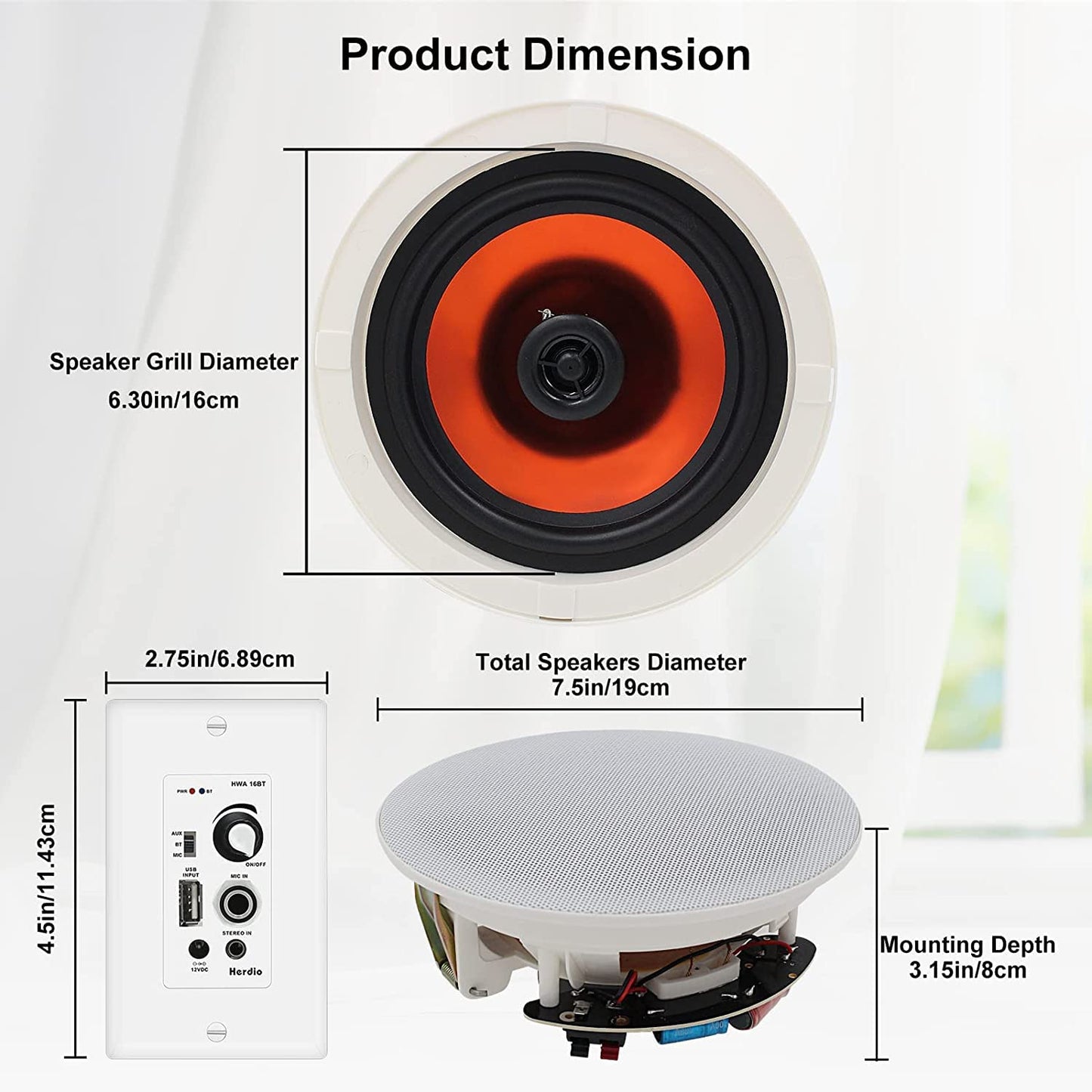 Herdio 6.5'' Bluetooth en la Pared en el Techo Altavoces 600W 2-Way Flush Mount Sistema de Altavoces con Amplificador de Pared Receptor para Cine en Casa Oficina Baño(2Pares, Paintable-Grille)