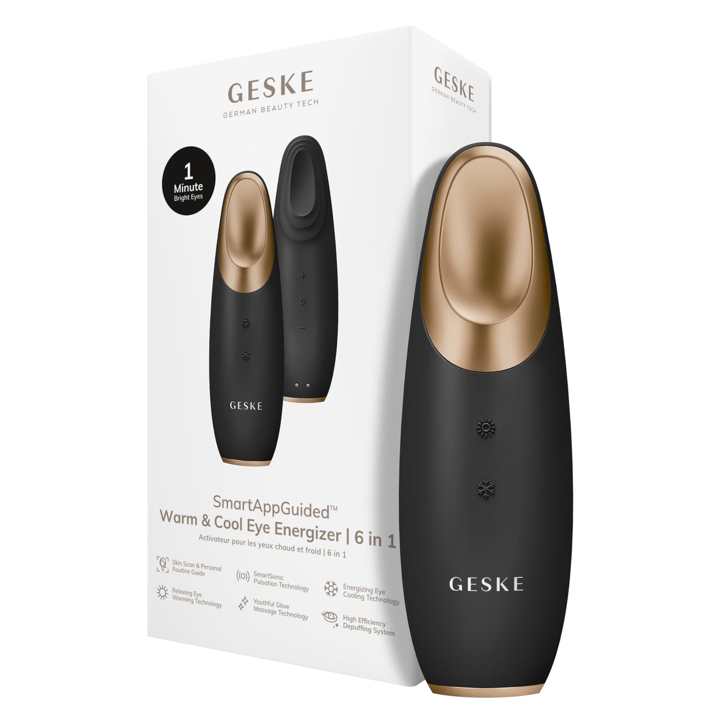 GESKE | SmartAppGuided™ Warm & Cool Eye Energizer | 6 en 1 | Masajeador de ojos | Masajeador anti ojeras | Eliminar bolsas y párpados caídos | Masaje ocular eléctrico