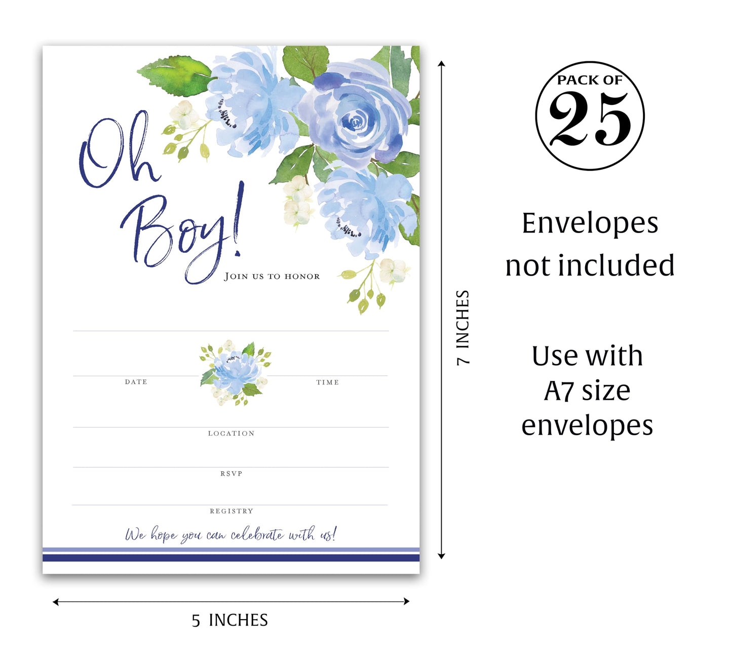 Invitaciones para fiesta de bebé, paquete de 25 unidades, diseño de flores azules
