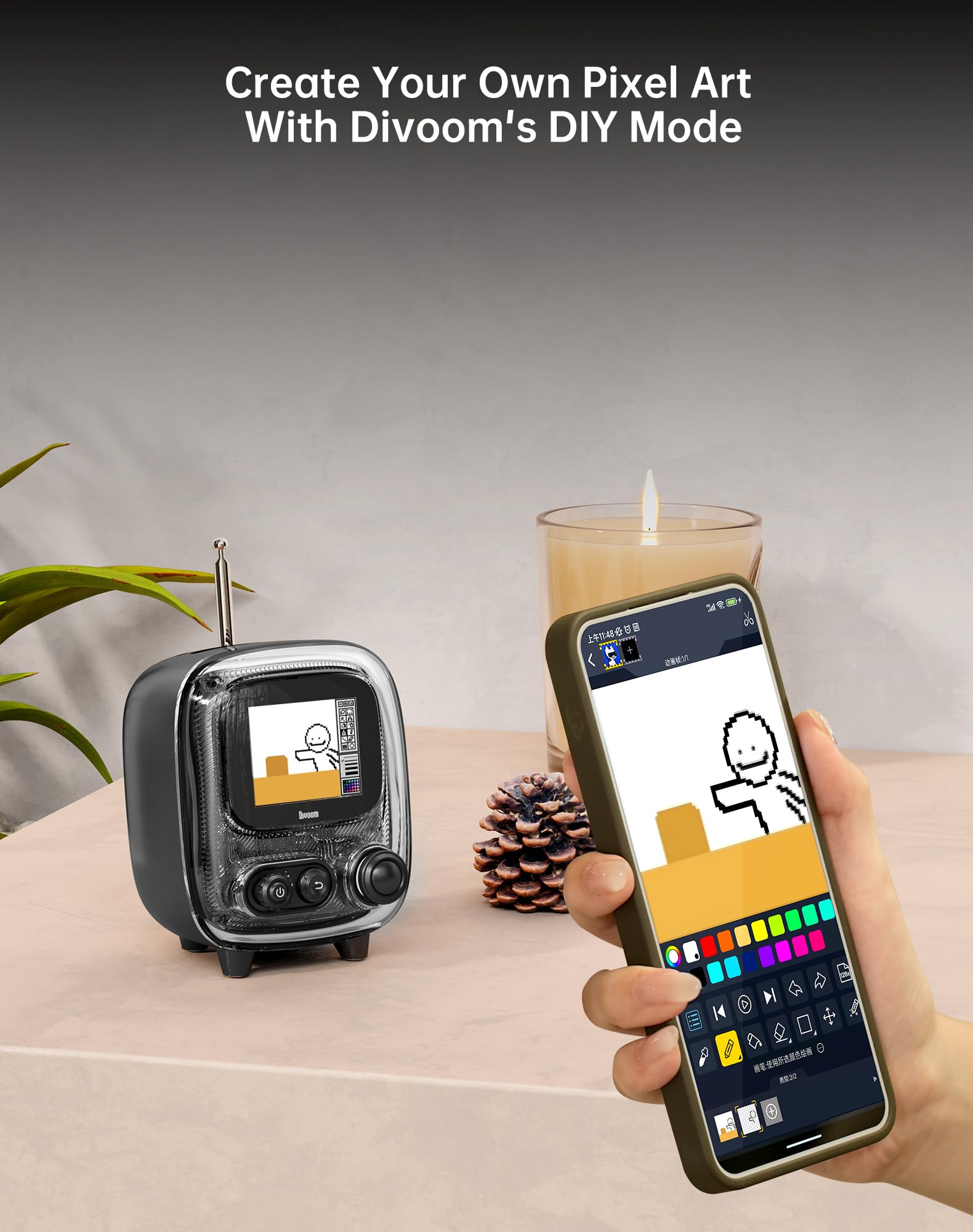 Divoom Tiivoo-2 Altavoz Bluetooth portátil con radio FM, Pixel Art Retro Mini Pequeño Altavoz Inalámbrico, Decoración clásico Adecuado para fiestas, oficina, computadora, hogar, recámara, cocina
