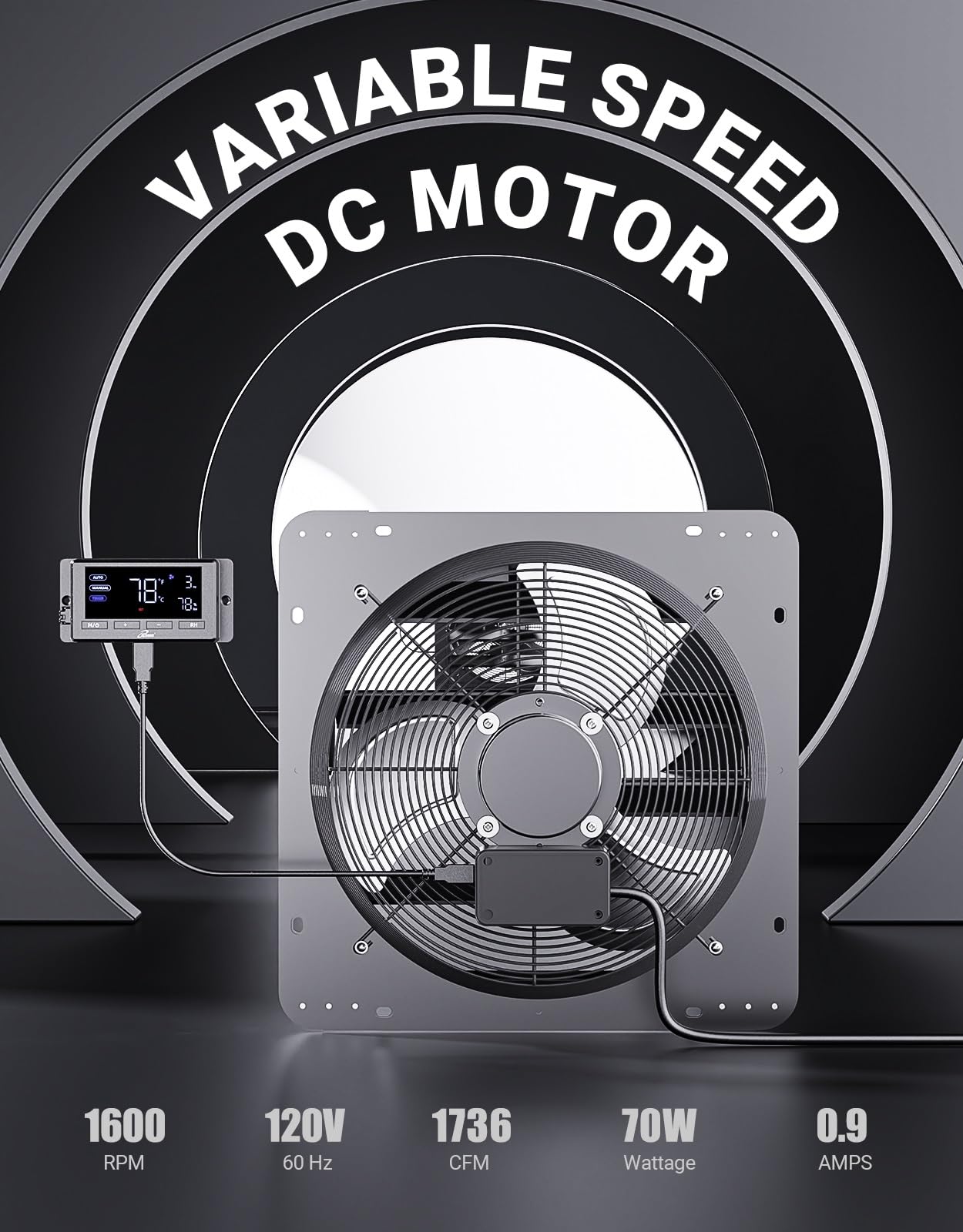 iLiving - Ventilador de escape de obturador de pared de 16 pulgadas, obturador automático, controles de temperatura y humedad con velocidad variable, 1736 CFM a 1600 RPM DC Motor