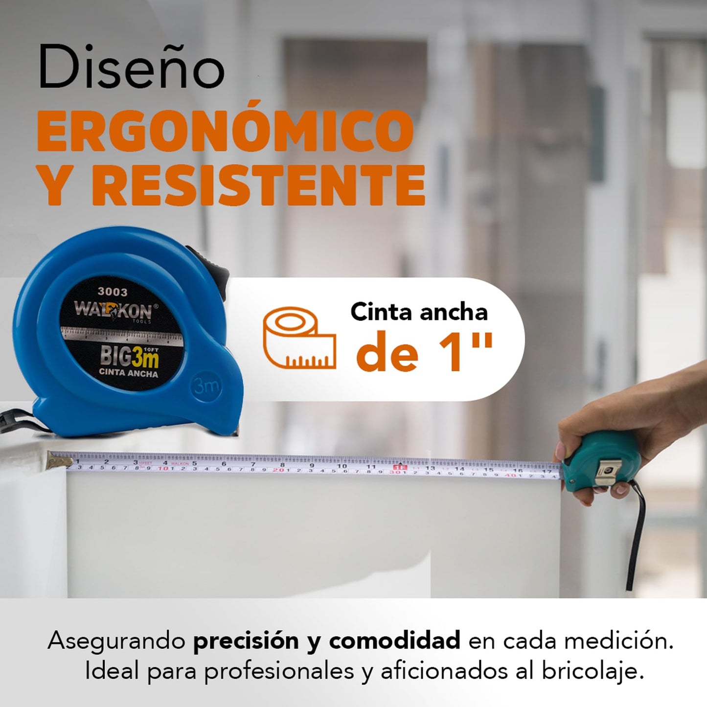 Cinta Métrica WALKON Blanca 3m y 5m con Escala en Centímetros, Pulgadas y Fracciones Ergonómica