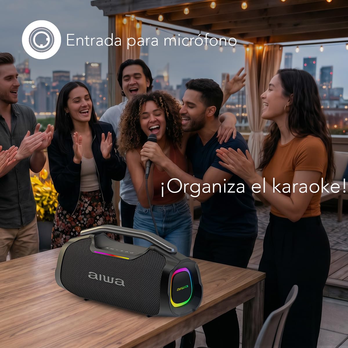 Bocina Bluetooth Aiwa Negra con TWS y Karaoke