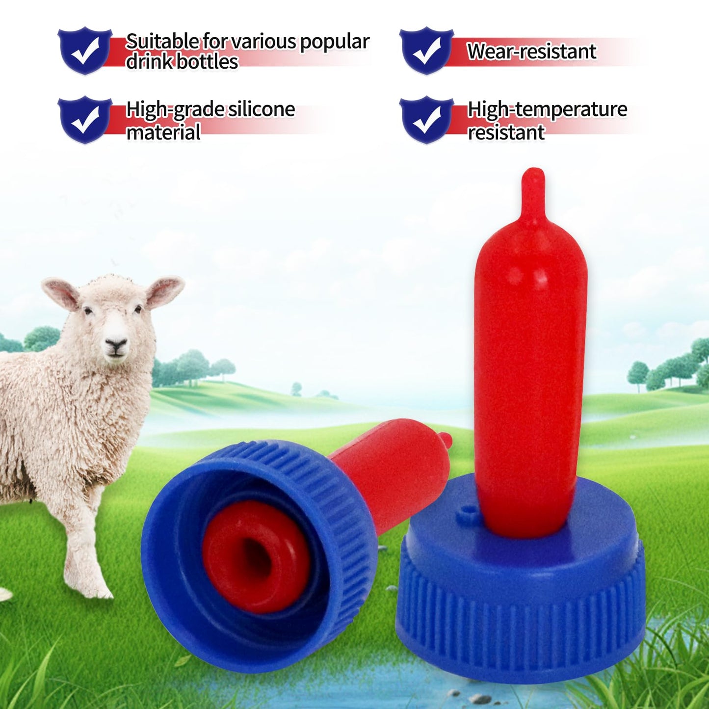 20 chupetes de goma suave para pezones de cabra para alimentar a cachorros, potro, pantorrilla, animales pequeños, atornillados, botella de refresco de coque (azul)