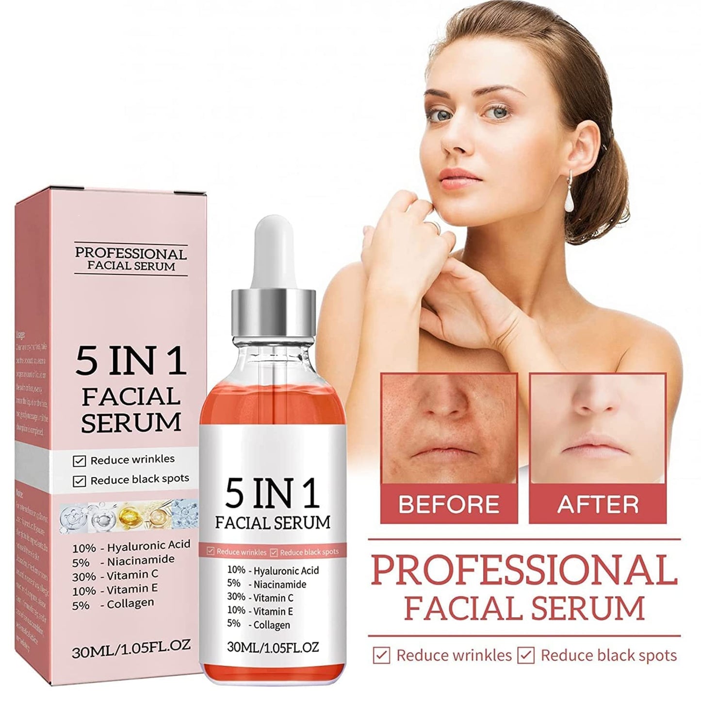 Suero facial 5 en 1,Suero antienvejecimiento con refuerzo de colágeno,Reduce las arrugas Suero facial,Suero de vitamina C para la cara con ácido hialurónico,Mejora la sequedad y la aspereza