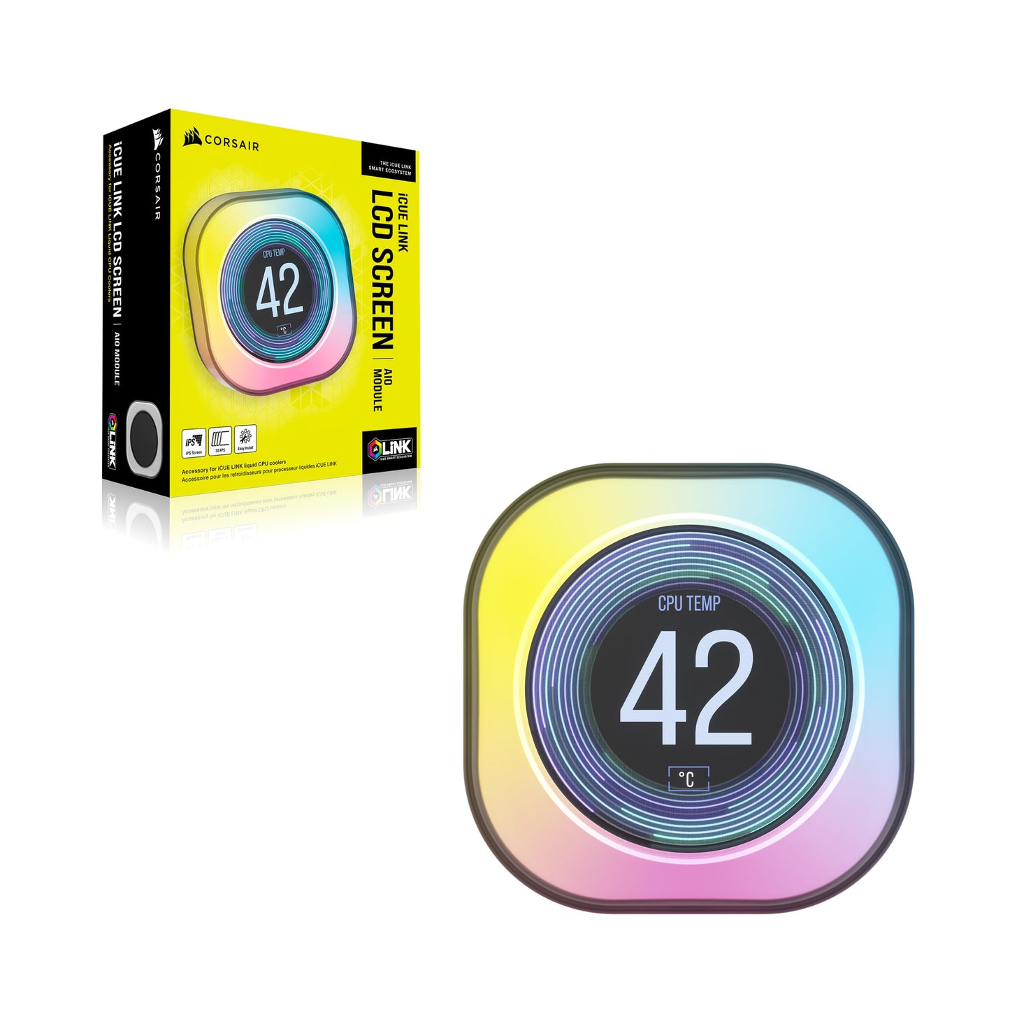 Corsair iCUE Link AIO LCD Módulo de Pantalla - Pantalla LCD IPS de 2,1" - 24 LED RGB Direccionables Individualmente - Instalación sin Herramientas - Blanco