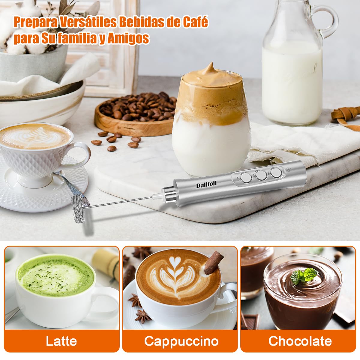 Dallfoll - Espumador de leche de mano, recargable por USB, mini máquina de espuma eléctrica para café Lattes, 3 velocidades, espumador de leche mezcladora de bebidas con 3 batidores para café a prueba de balas, capuchino, matcha