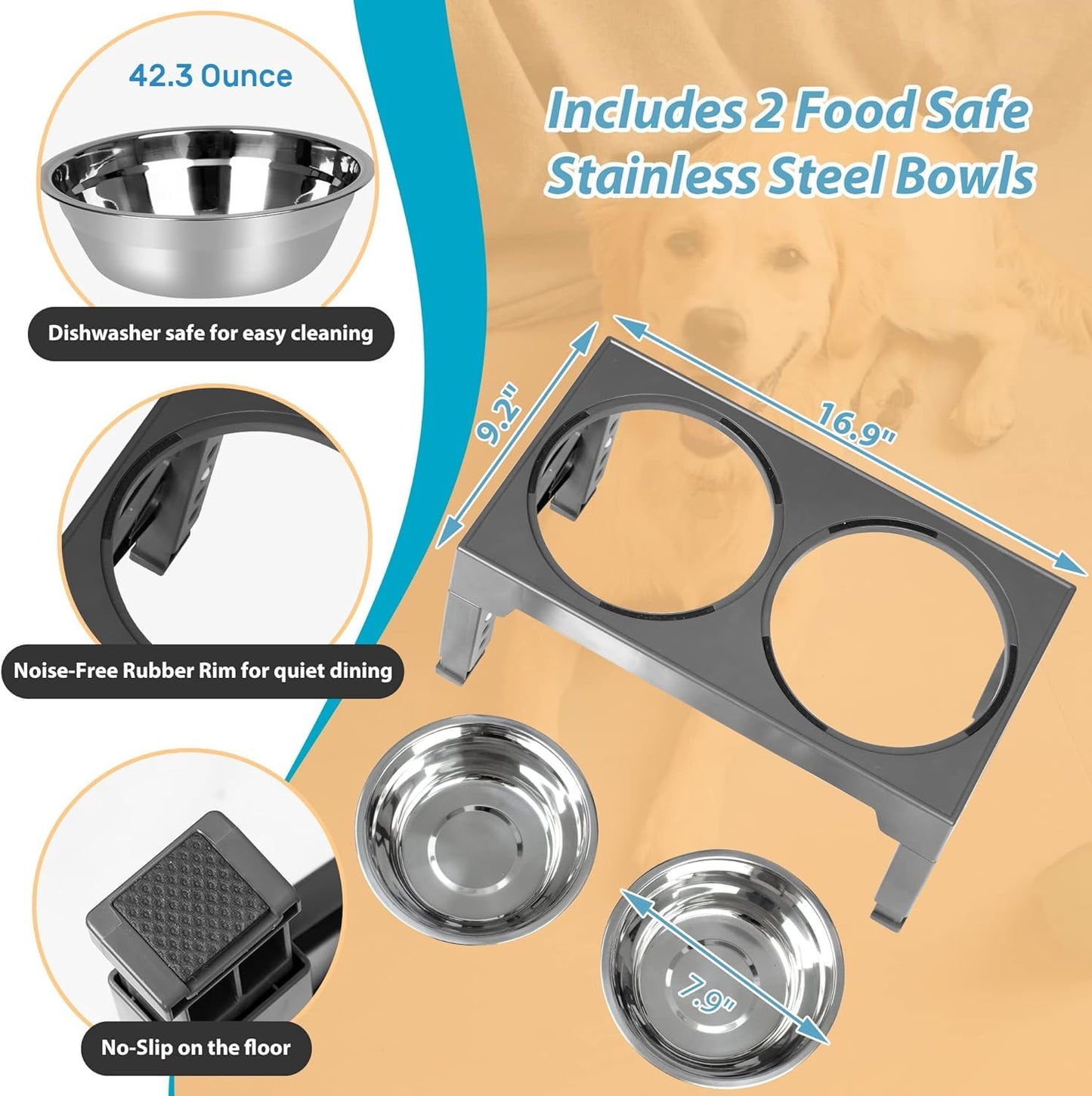 Niubya - Cuencos elevados para Perros con 2 Cuencos de Acero Inoxidable, tazón Elevado para Perros Que se Ajusta a 5 Alturas (3.1 Pulgadas, 8.6 Pulgadas, 9.7 Pulgadas, 11.0 Pulgadas, 12.2 Pulgadas)