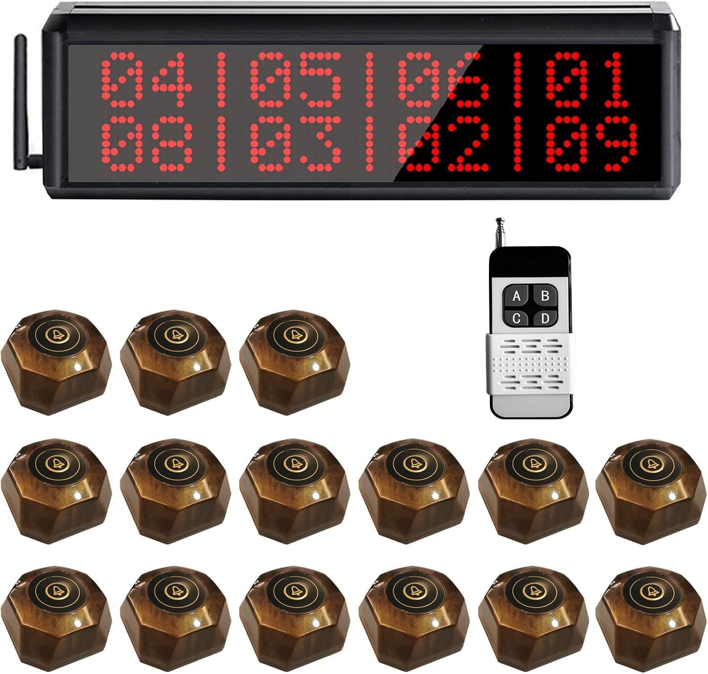 Restaurant Pager System 1600+ pies sistema de llamadas inalámbricas con 1 visualización de visualización/1 control remoto/15 botones de llamada para servicio al cliente de restaurante (400D + X1-15)