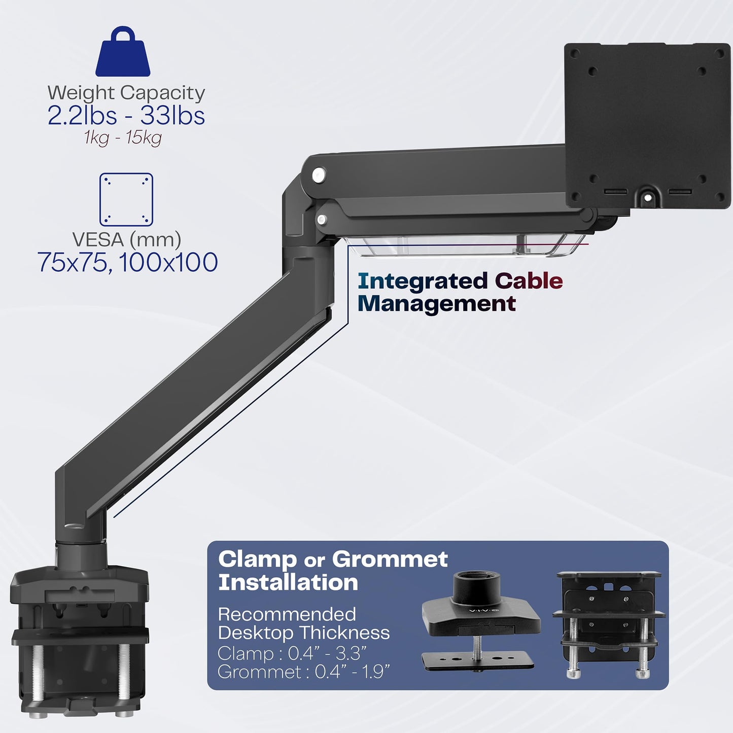 Brazo de Monitor VIVO Negro de Aluminio Resistente para Monitores Ultra Anchos para Escritorio