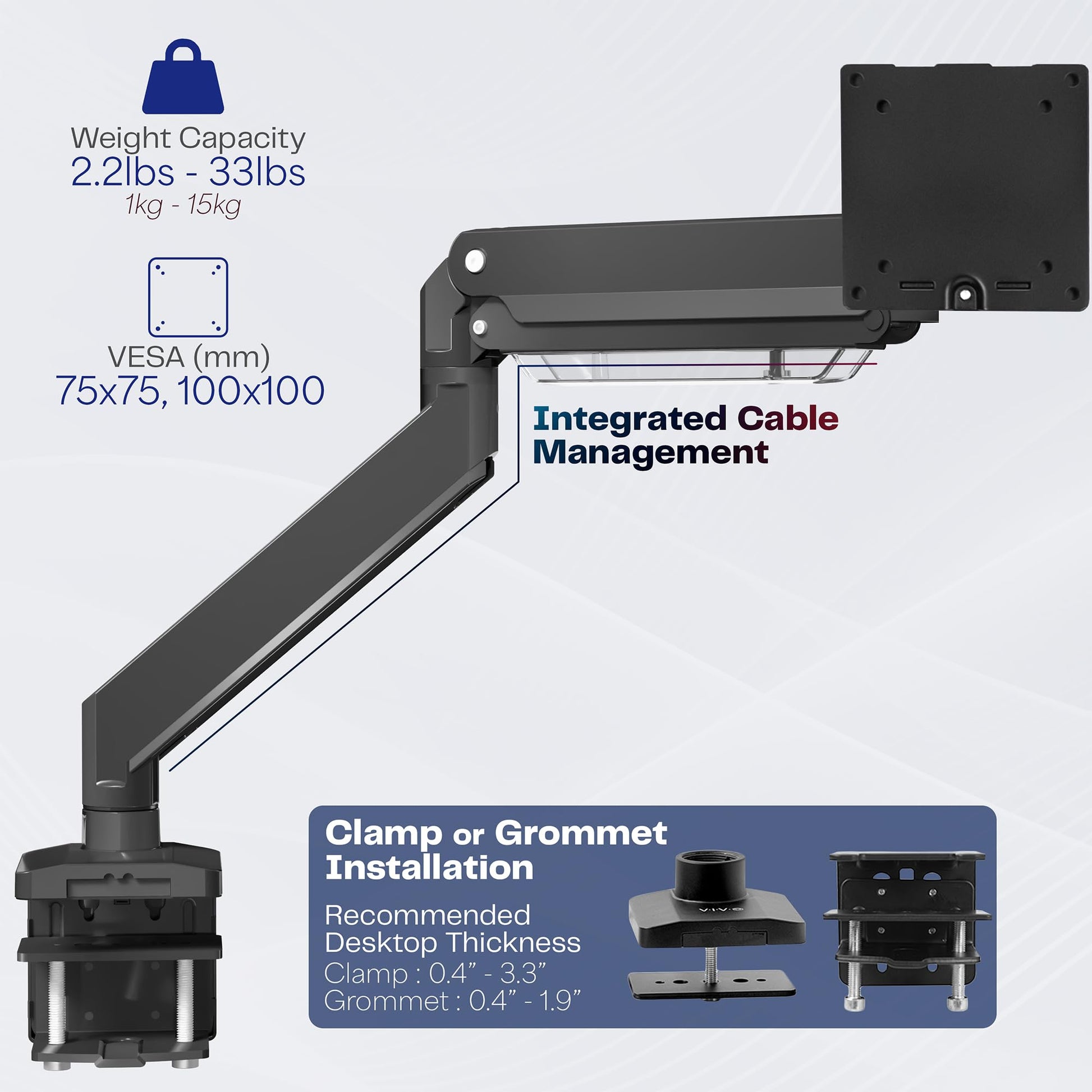 Brazo de Monitor VIVO Negro de Aluminio Resistente para Monitores Ultra Anchos para Escritorio