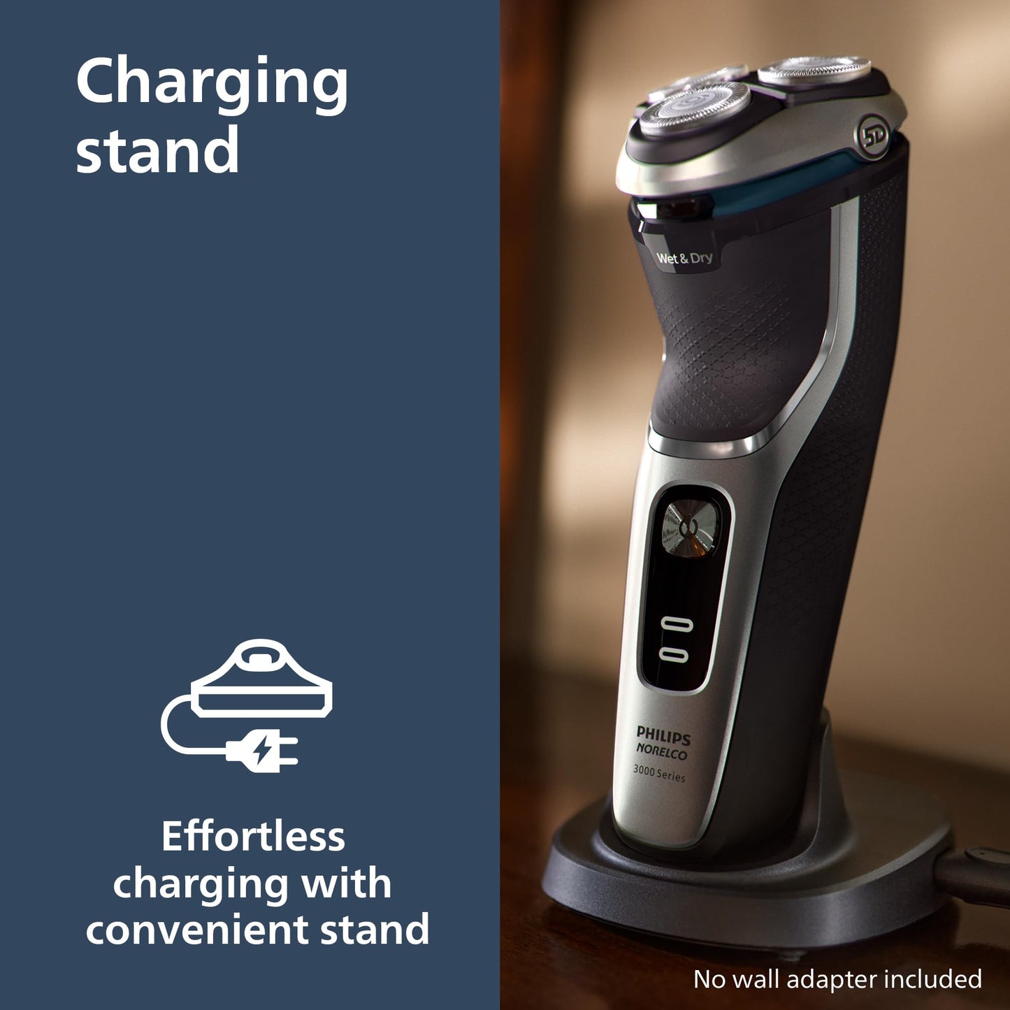 Philips Norelco Shaver 3900 Series, afeitadora eléctrica en húmedo y seco, P-Cap, bolsa de viaje, soporte de carga, azul tormenta, modelo S3341/92