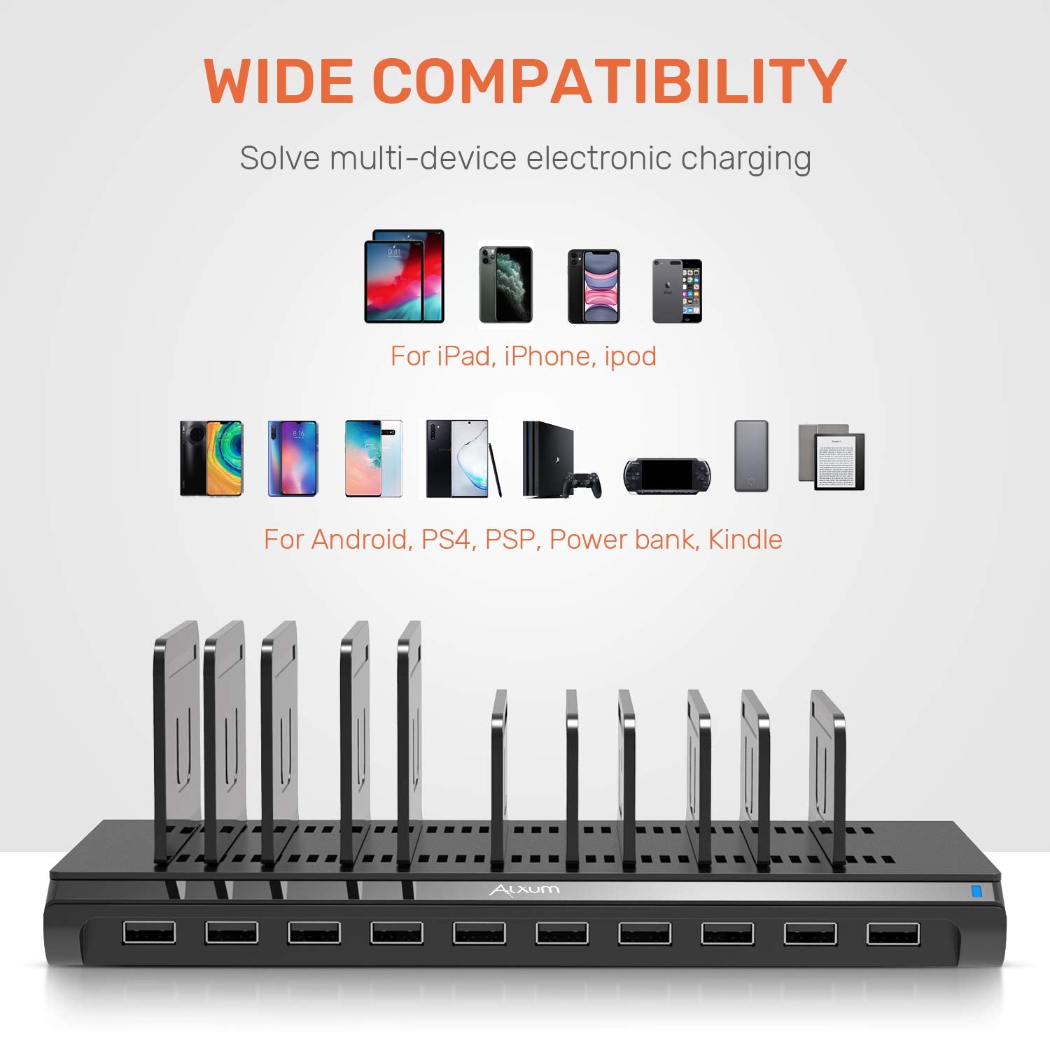 Alxum - Estación de Carga USB de 10 Puertos, estación de Carga para Varios Dispositivos con divisores Ajustables, Negro