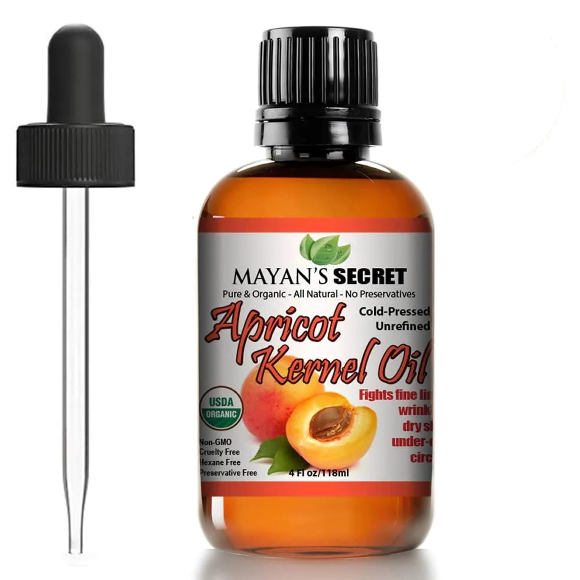 Apricot Kernel Oil 100% pure & Natural Cold Pressed, Unrefined in Amber Glass Bottle w/Glass Eyedropper for Easy Application 4oz