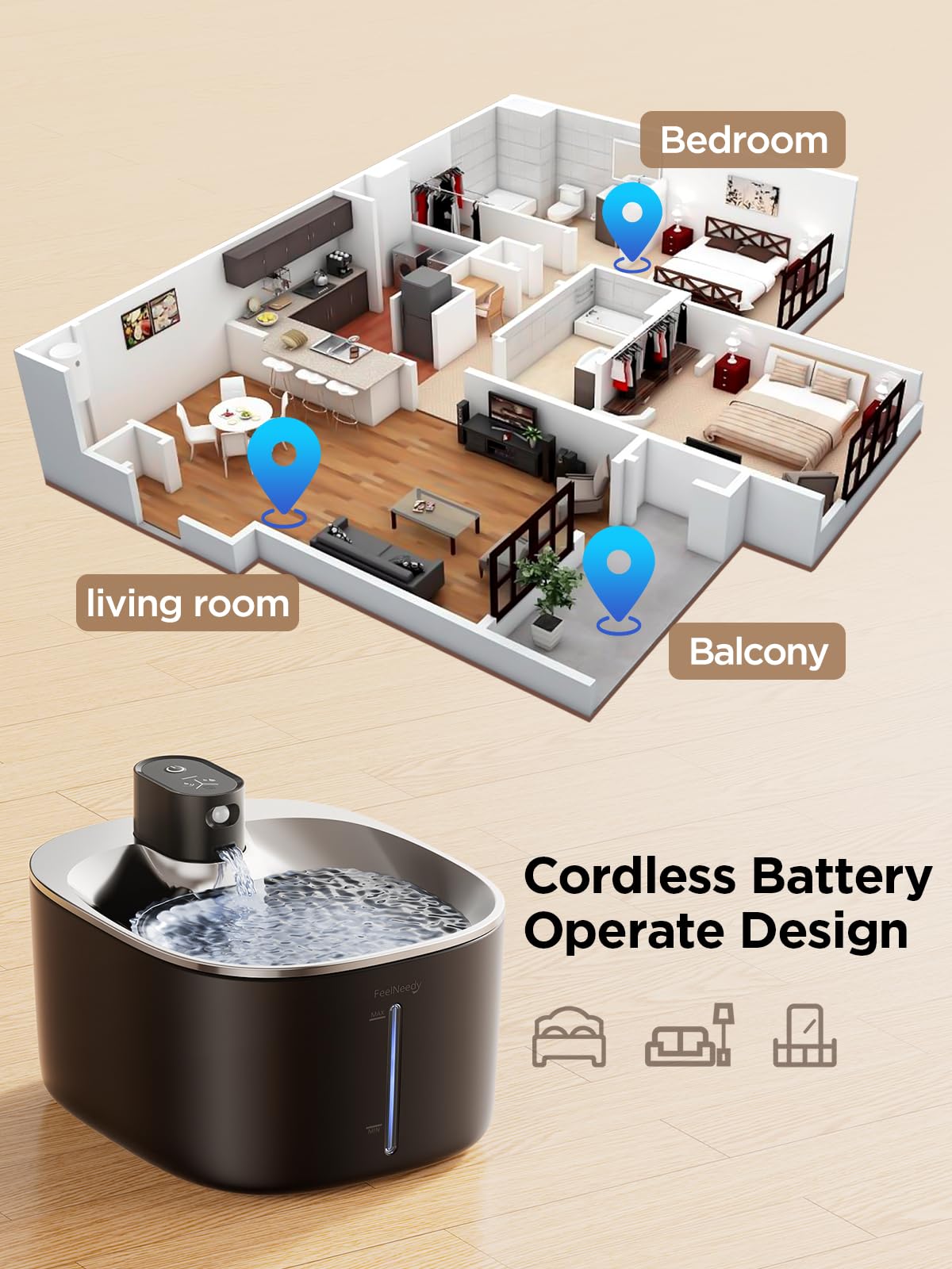 Fuente de Agua FEELNEEDY Negra Inalámbrica Ultra Silenciosa con Sensor de Movimiento y 2 Filtros para Gatos y Perros