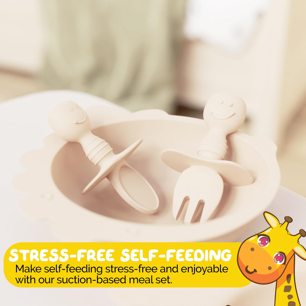 Muqee Peeko - Esencial de alimentación de bebé de silicona para niños pequeños en vainilla cálida con suministros de destete LED, incluyendo cuencos de bebé, platos de bebé y utensilios de silicona